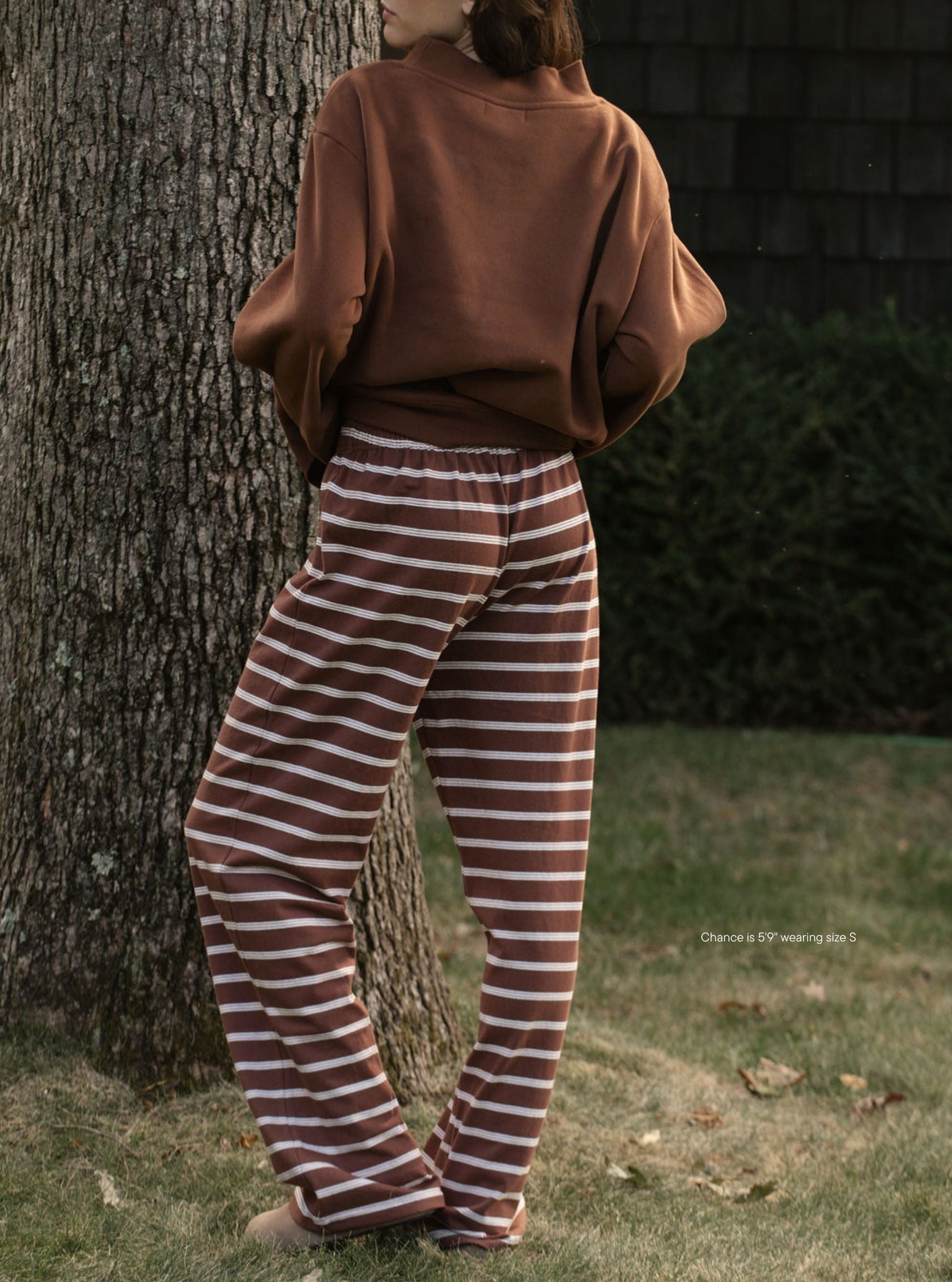 girl wearing cotton boxer pants -mocha stripe
