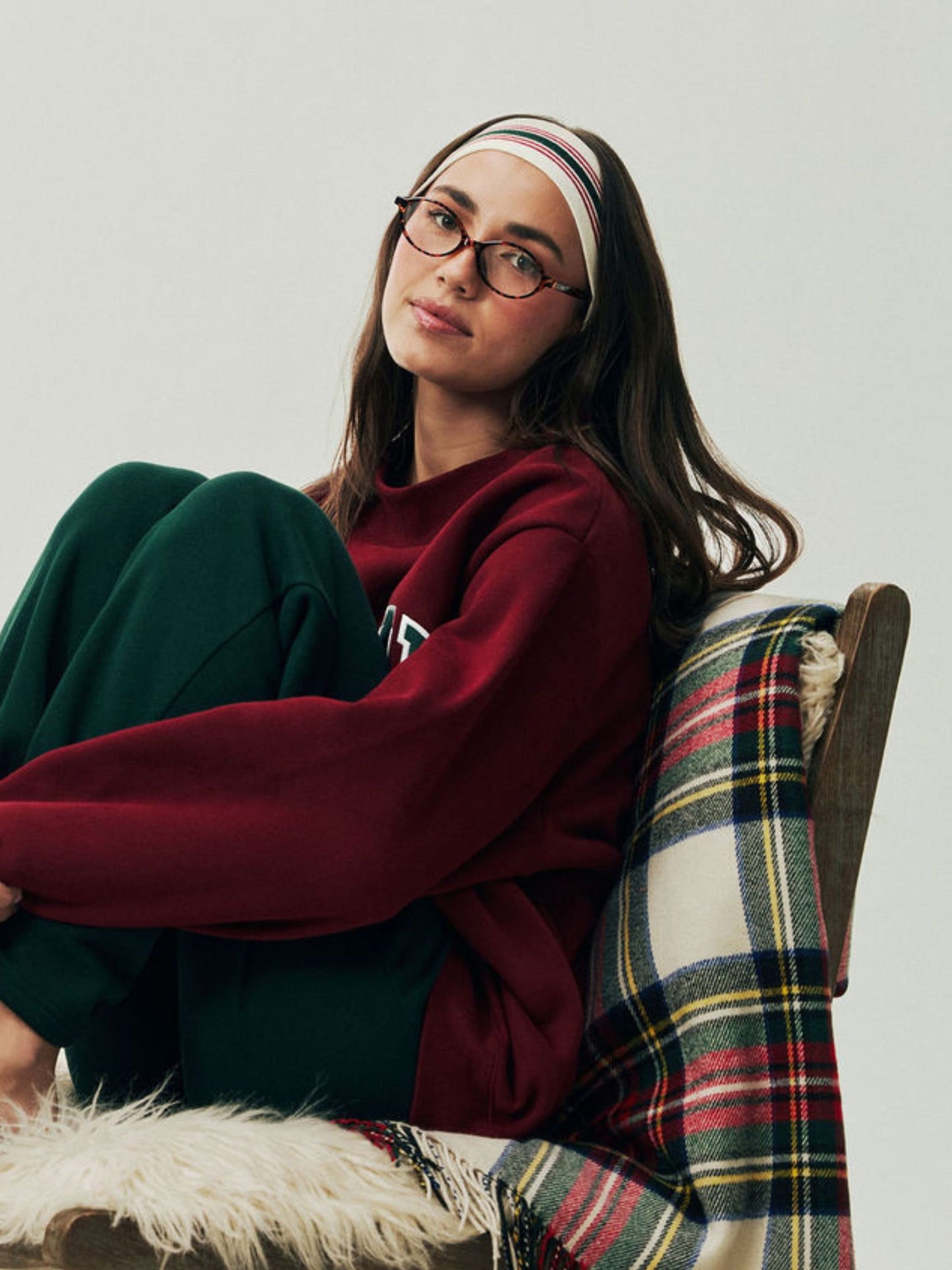 girl wearing Holiday Hair Set -eggnog stripe