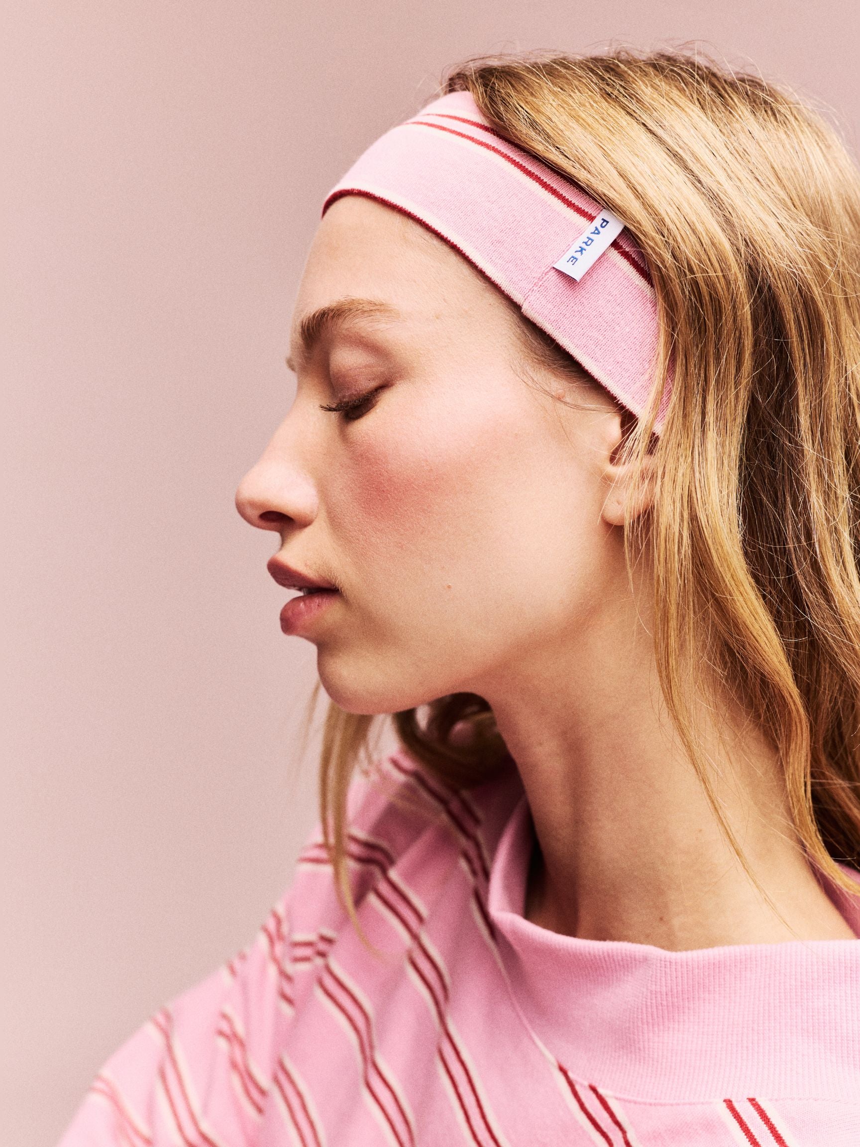 girl wearing Valentine's Striped Headband/Scrunchie Set -blush