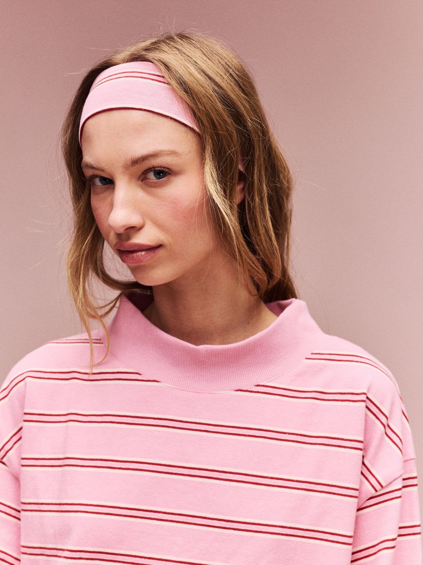 girl wearing Valentine's Striped Headband/Scrunchie Set -blush