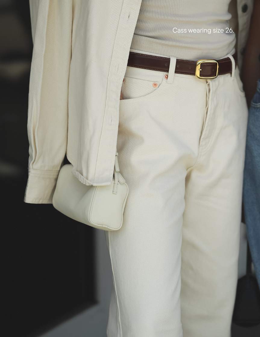 girl wearing aureum x parke wide leg jean -cream