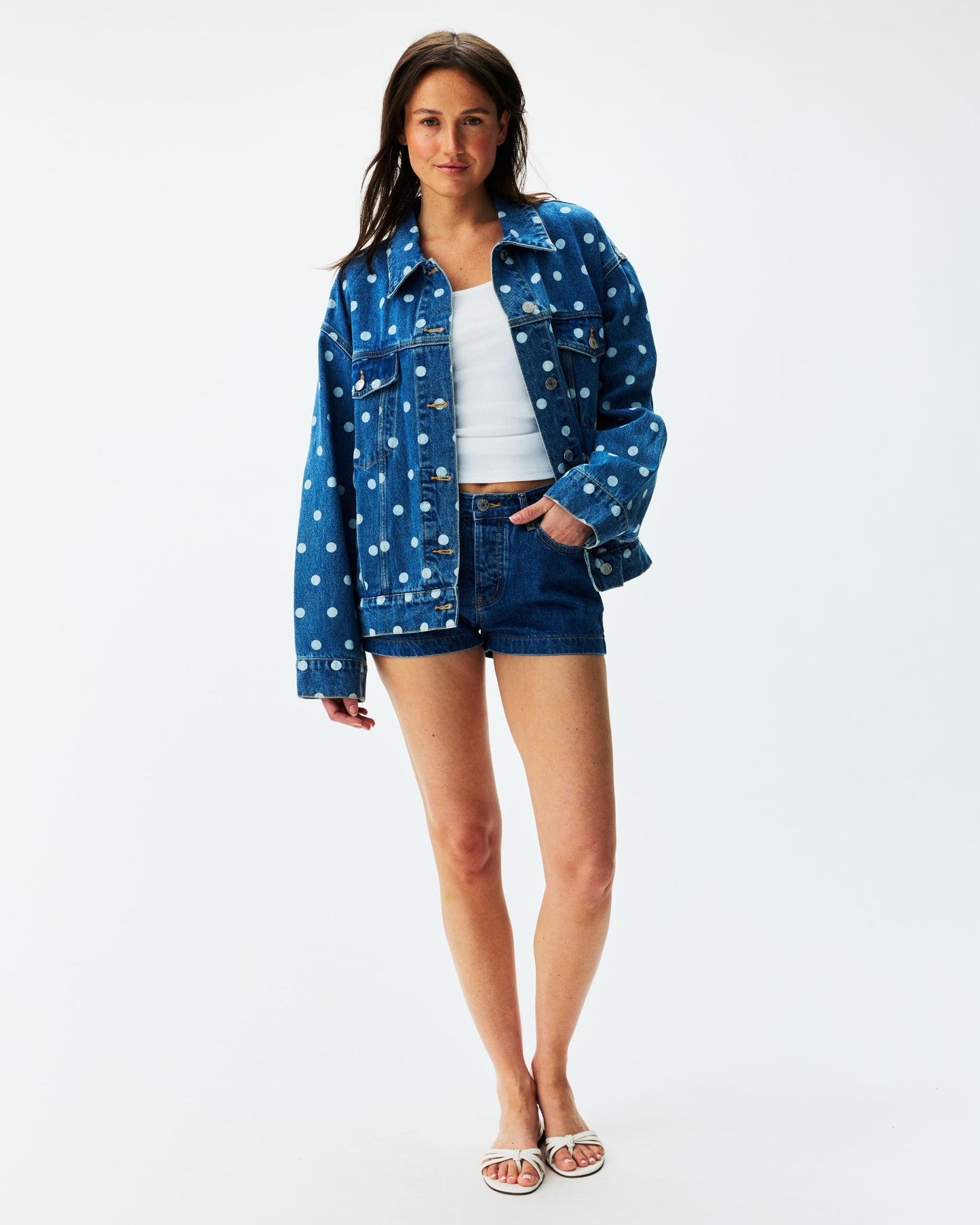 Polka Dot Oversized Denim Jacket - Medium Wash Polka Dot