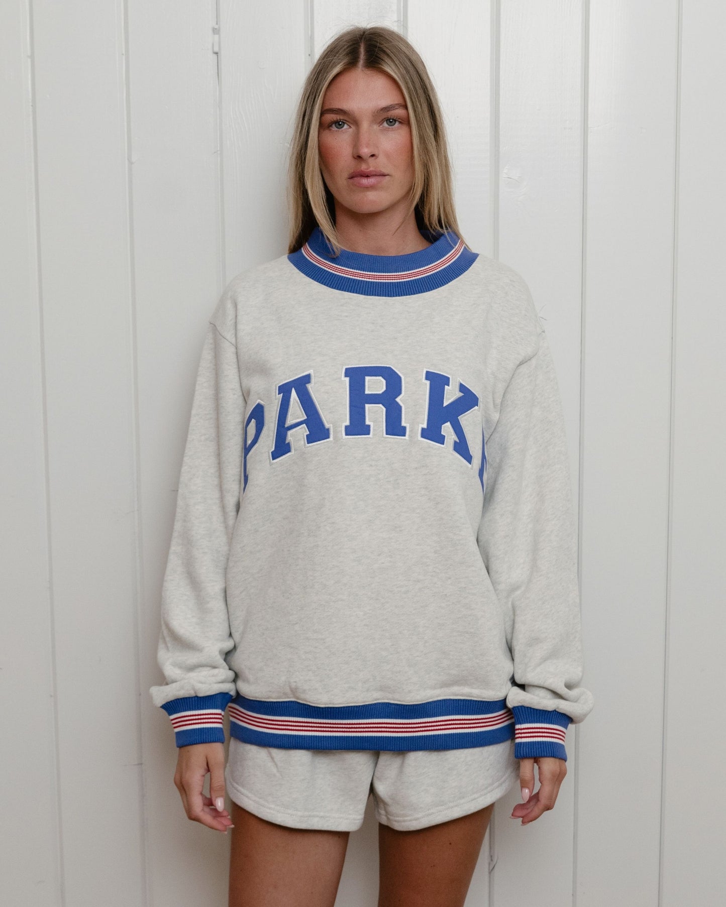 Boardwalk Varsity Mockneck - Heather Grey + Red/White/Blue Ribbing