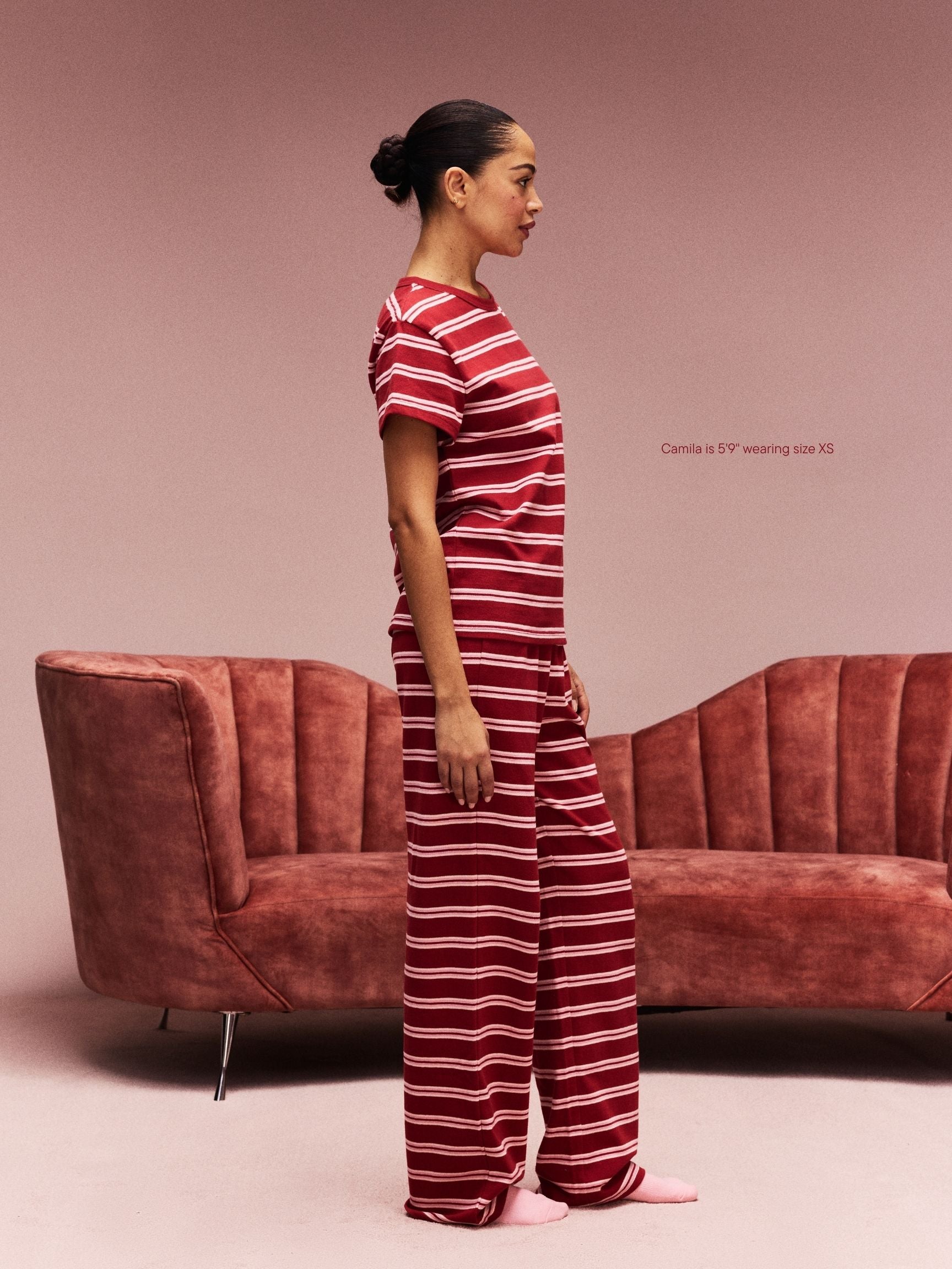 girl wearing Striped Cotton Boxer Pants -amour stripe