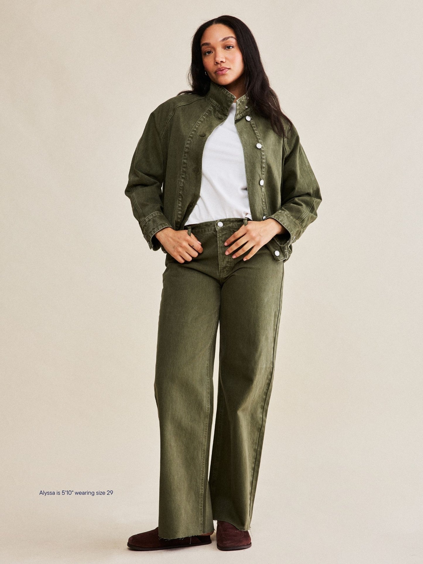 girl wearing low rise baggy jeans -olive