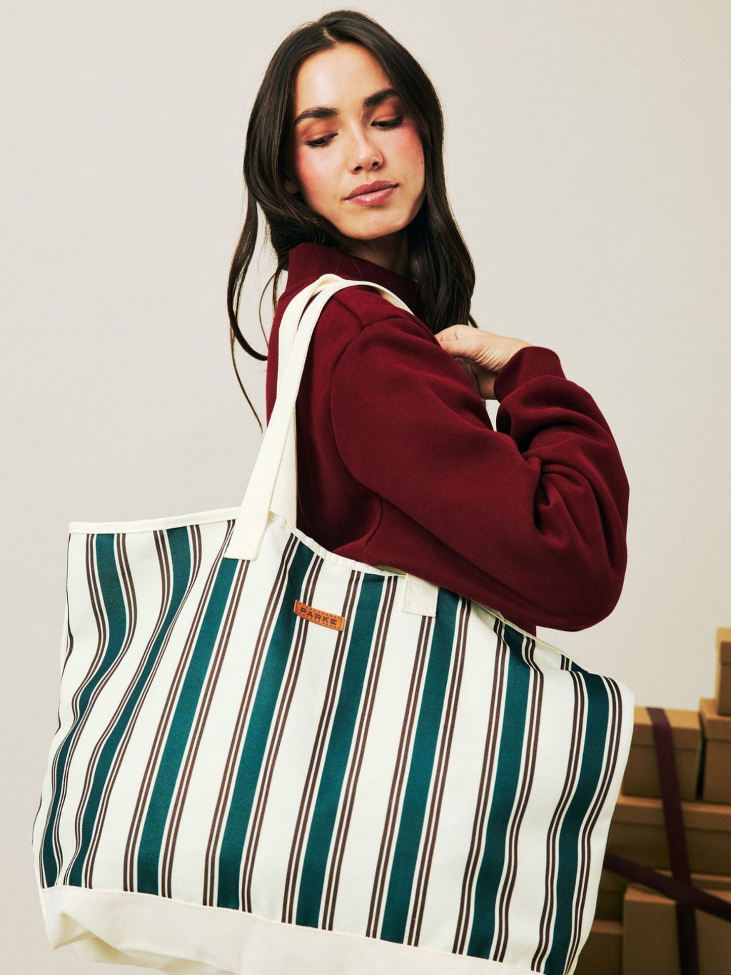 girl wearing Holiday Striped Oversized Tote -eggnog stripe 