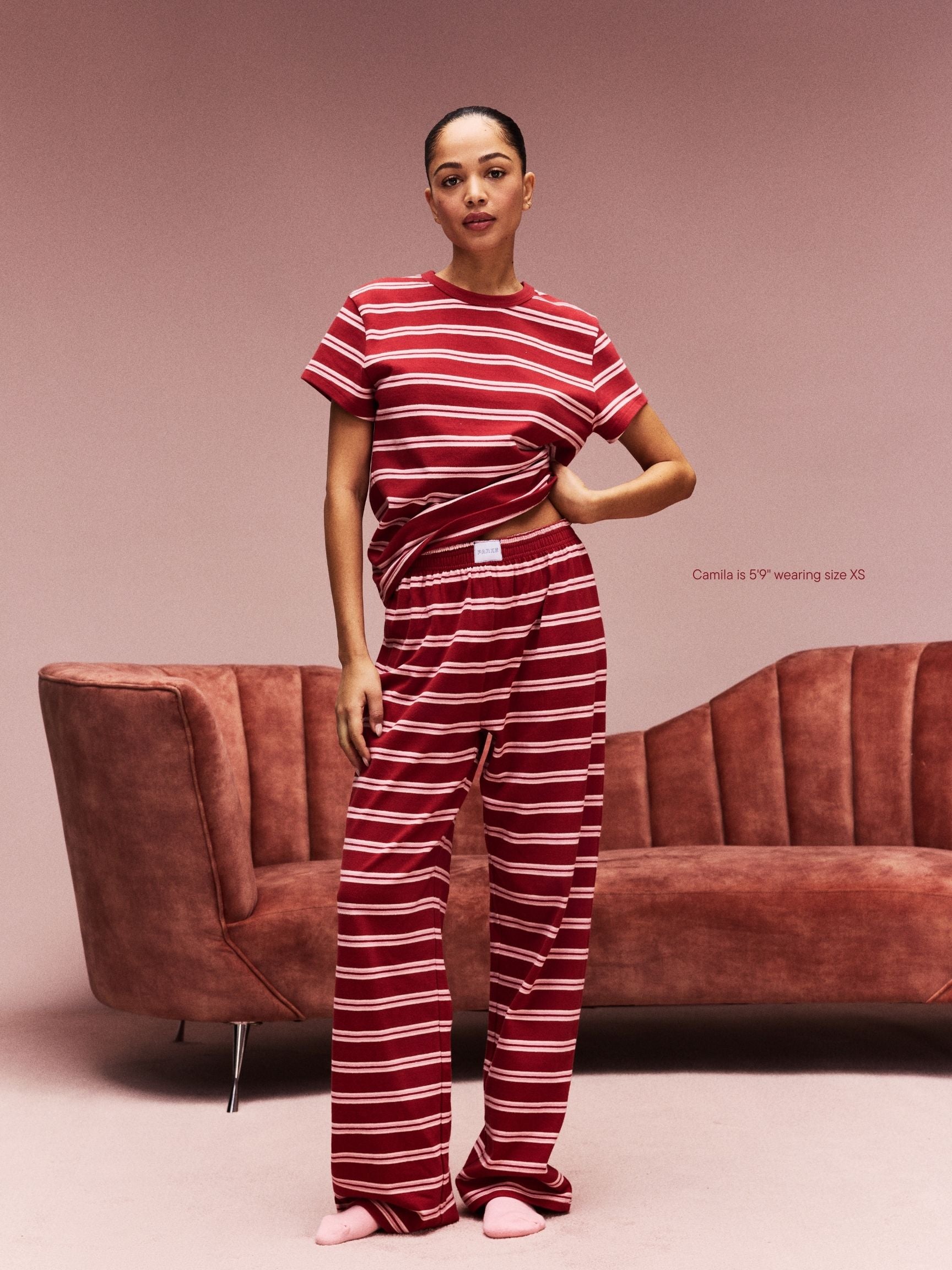 girl wearing Striped Cotton Boxer Pants -amour stripe