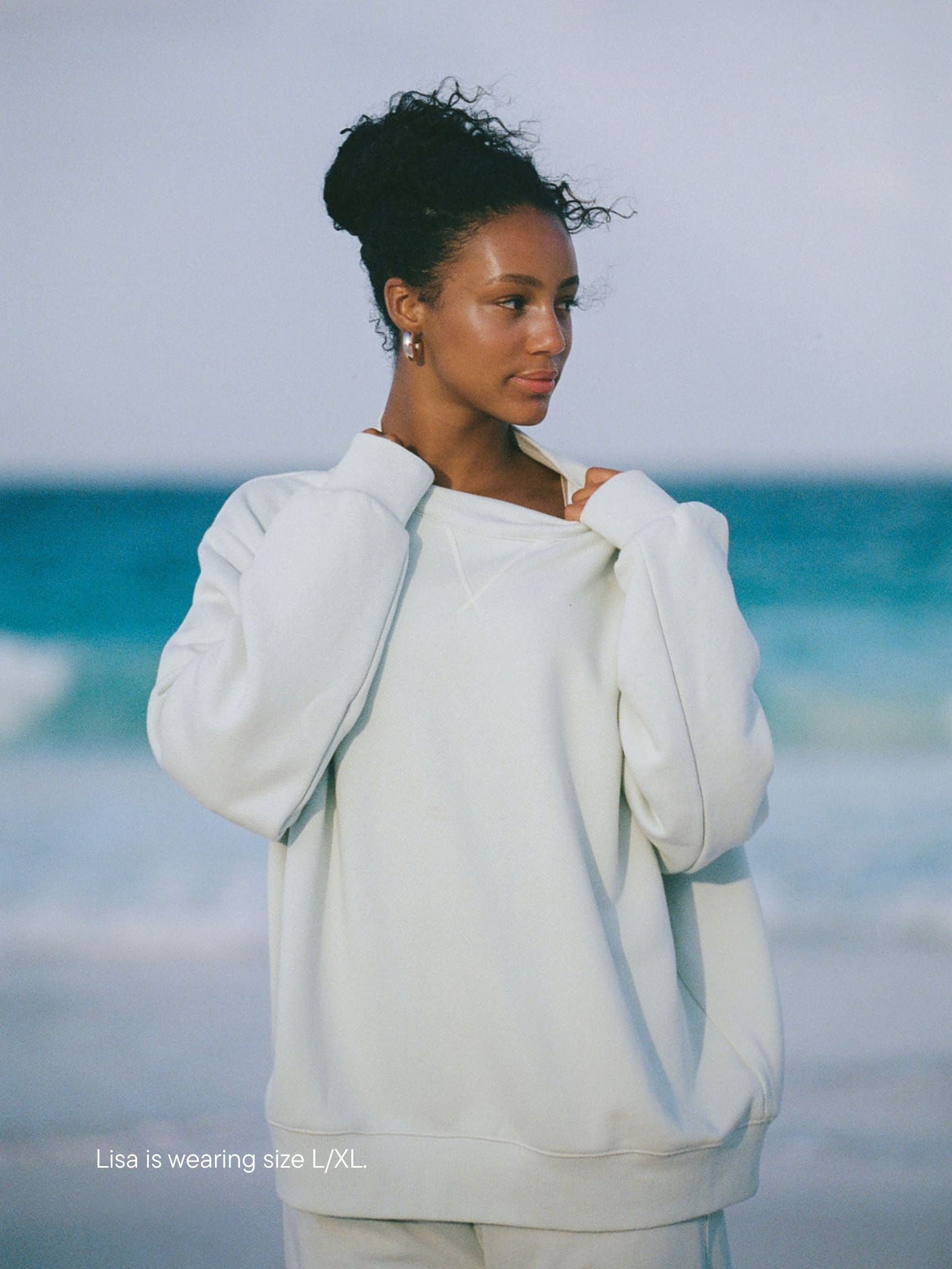 girl wearing heritage classic mockneck -something blue
