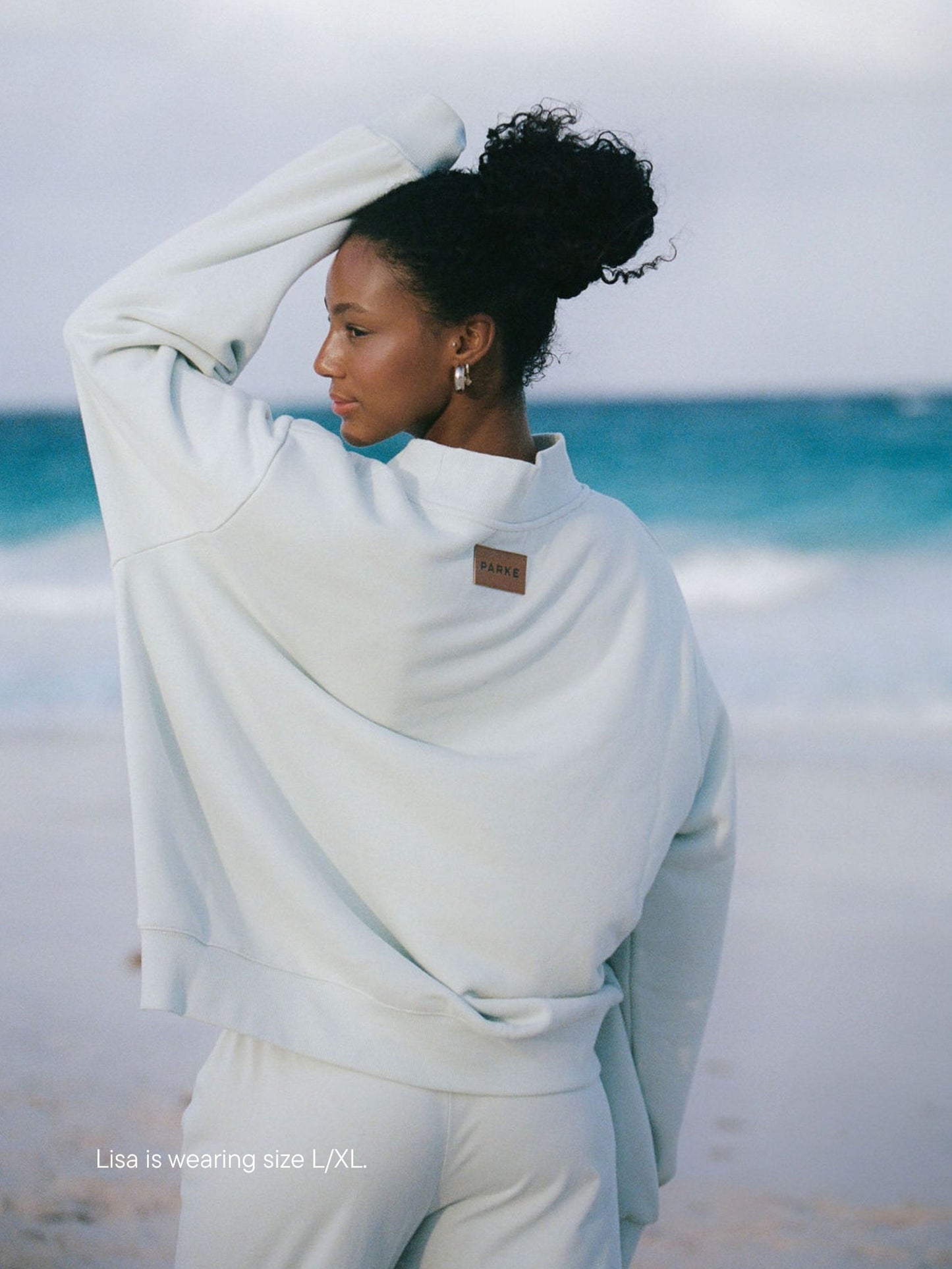 girl wearing heritage classic mockneck -something blue