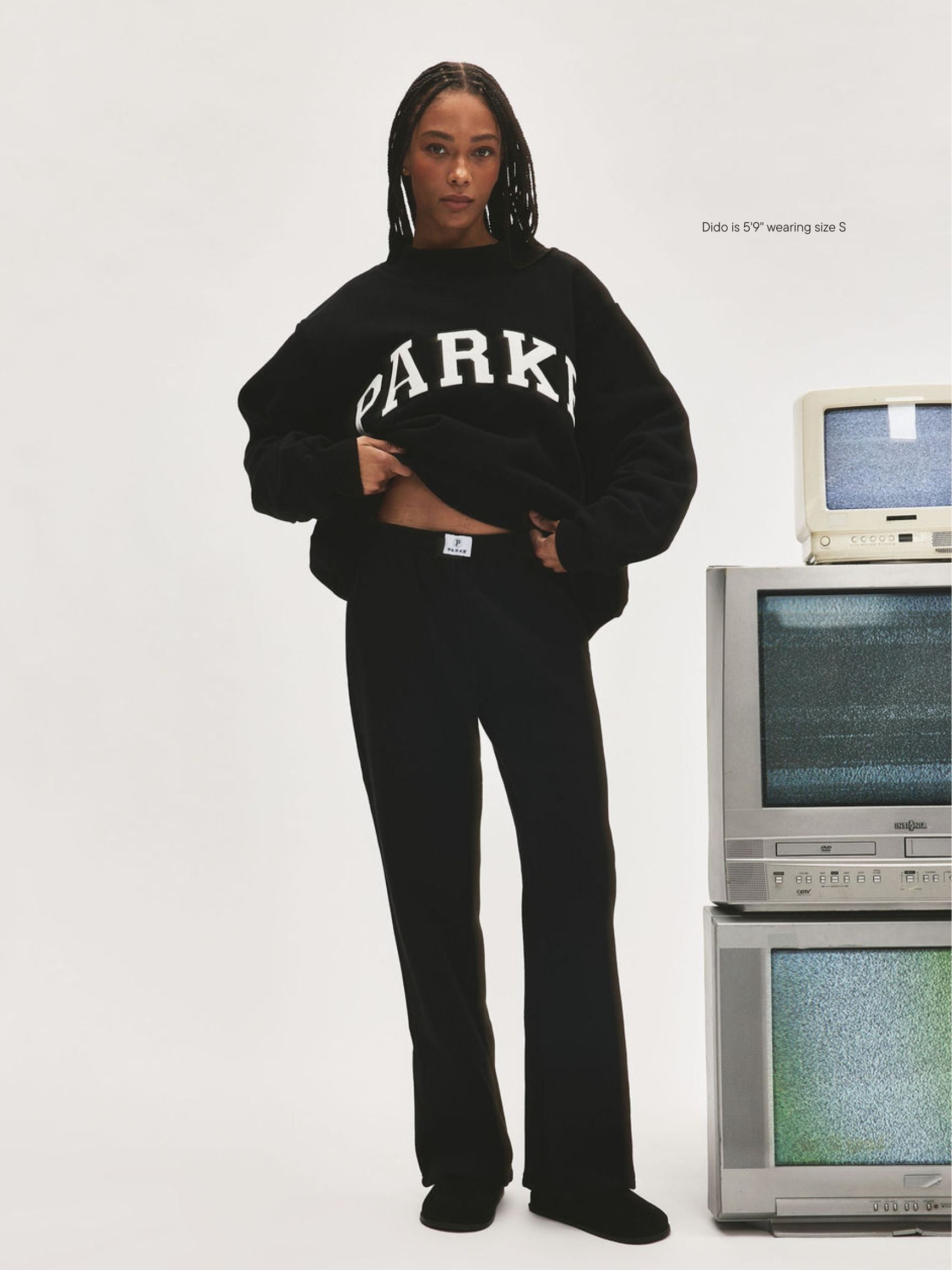 girl wearing Boxer Sweatpants -black