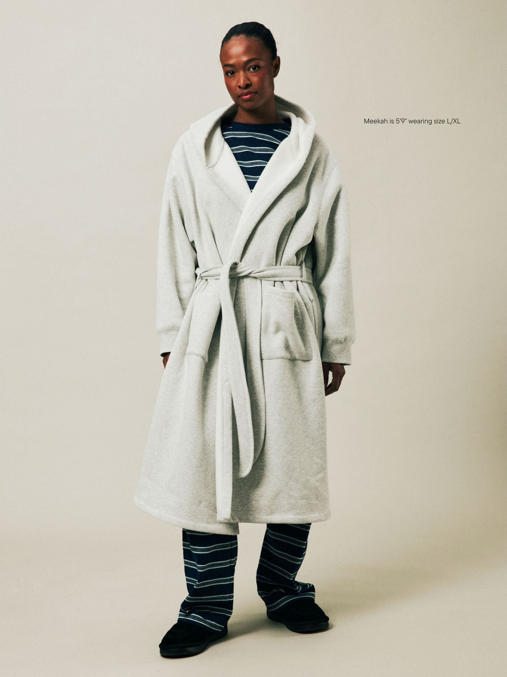girl wearing Holiday Robe -classic grey