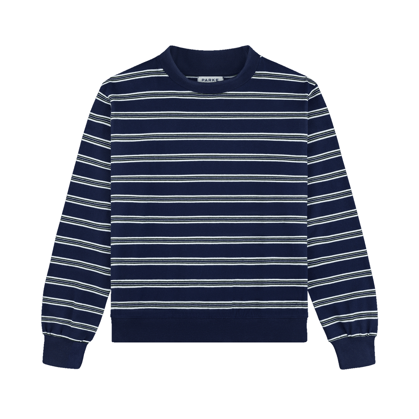girl wearing Holiday Striped Pullover -snowflake stripe