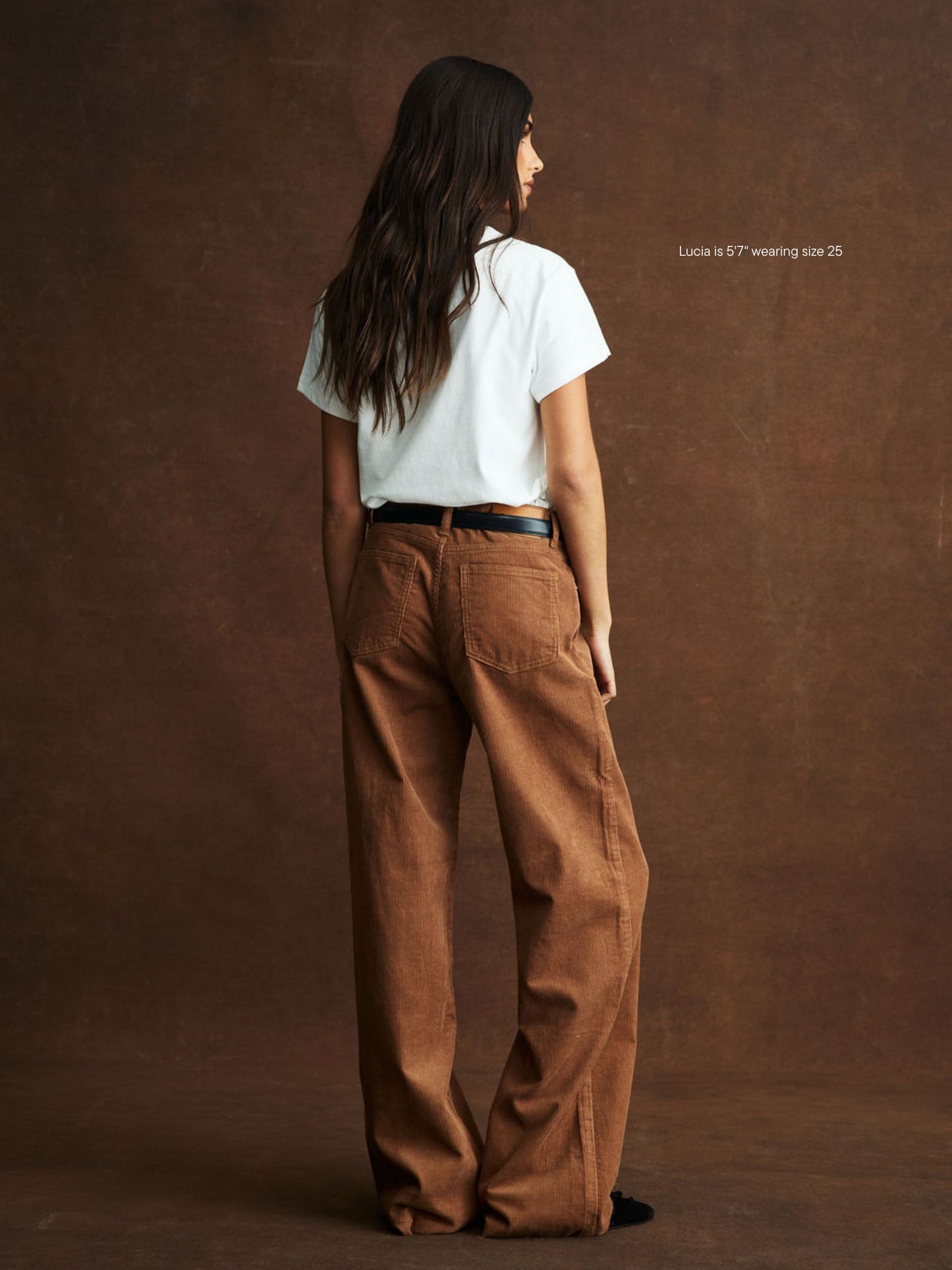girl wearing Low Rise Baggy Pants -caramel corduroy