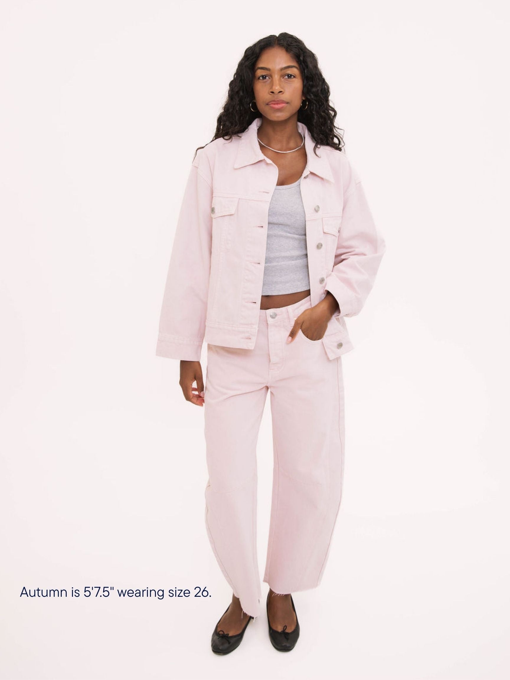 girl wearing parke x scl oversized horseshoe jean -petal