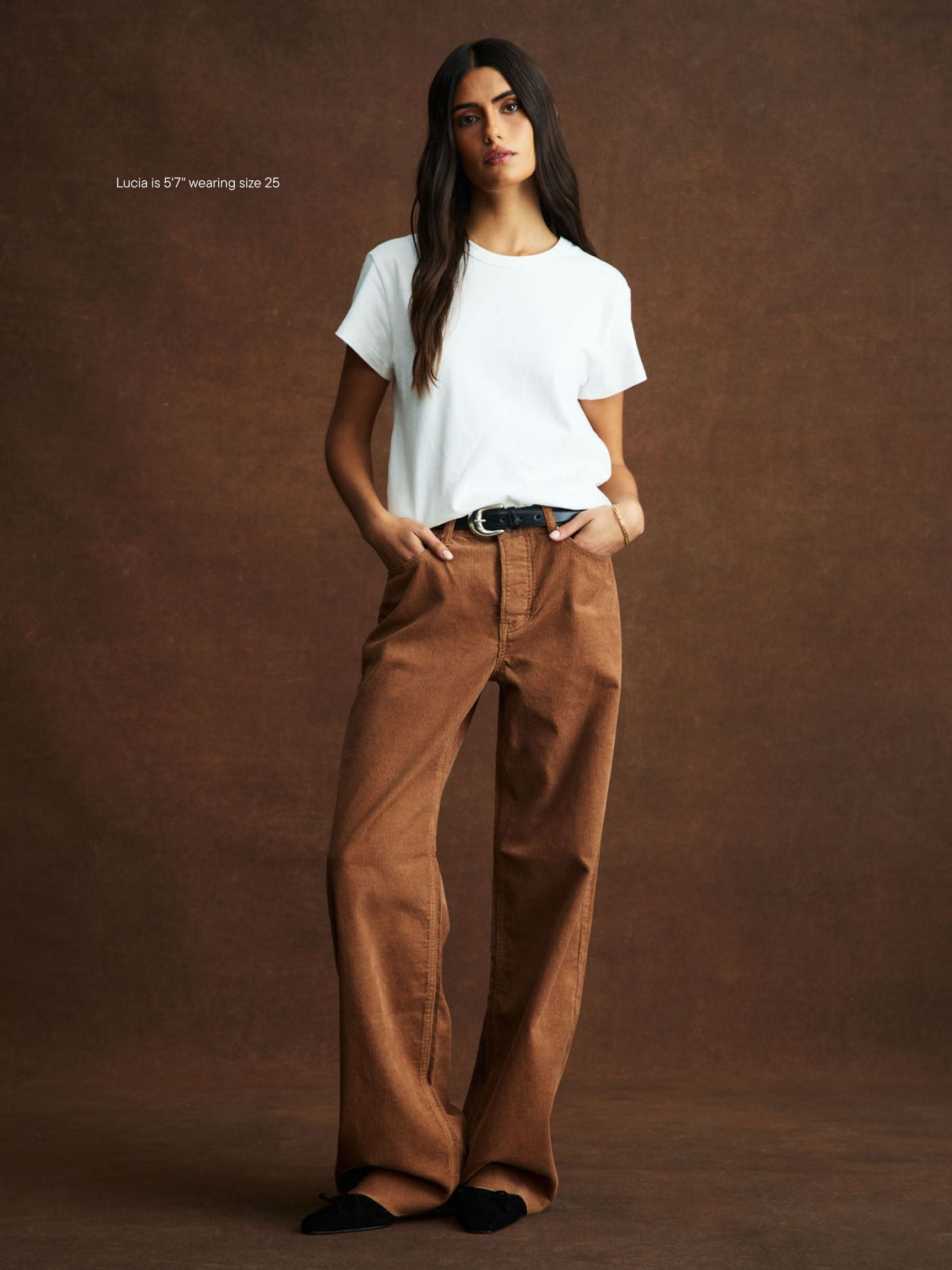 girl wearing Low Rise Baggy Pants -caramel corduroy
