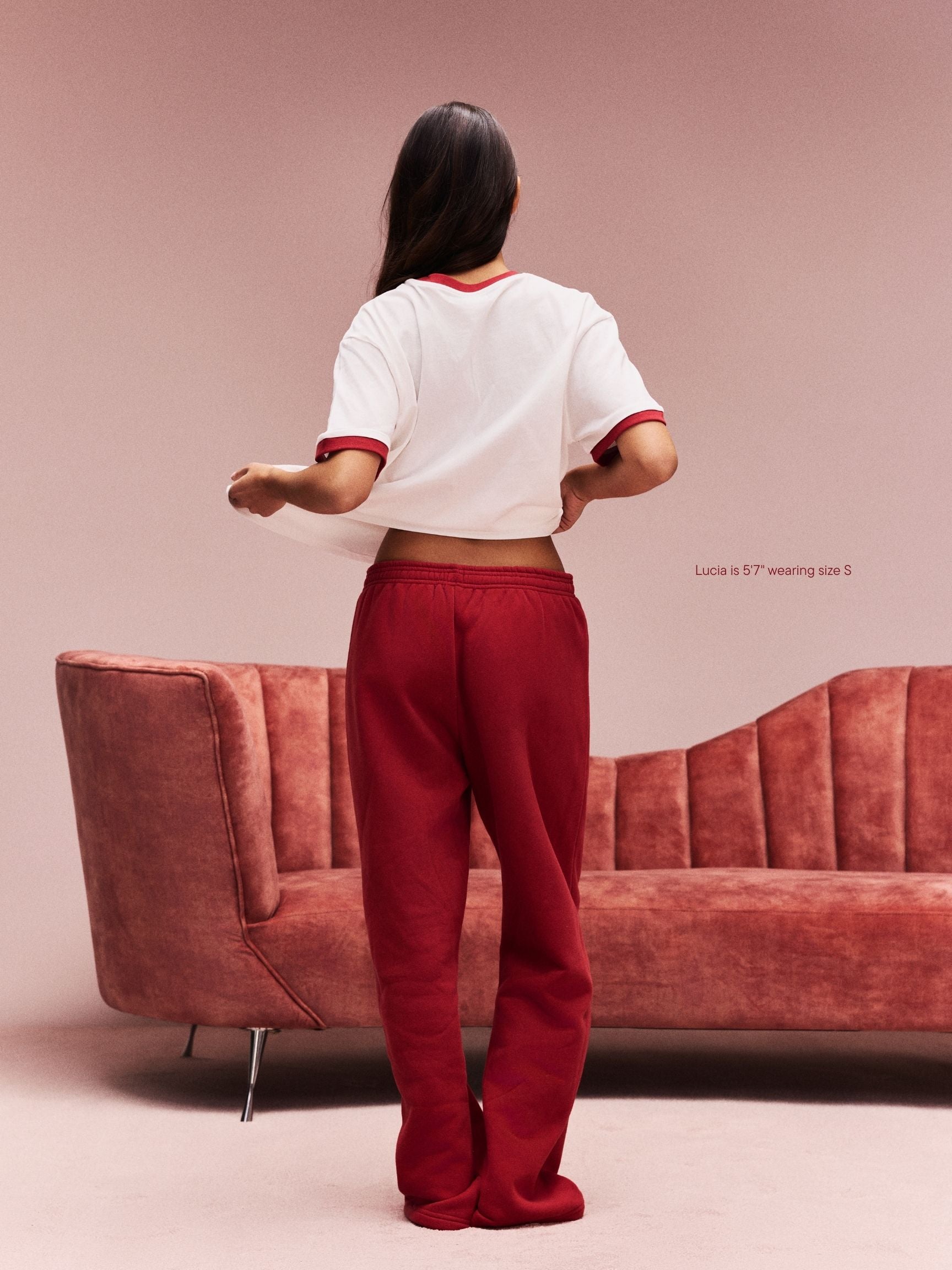 girl wearing Boxer Sweatpants -crimson