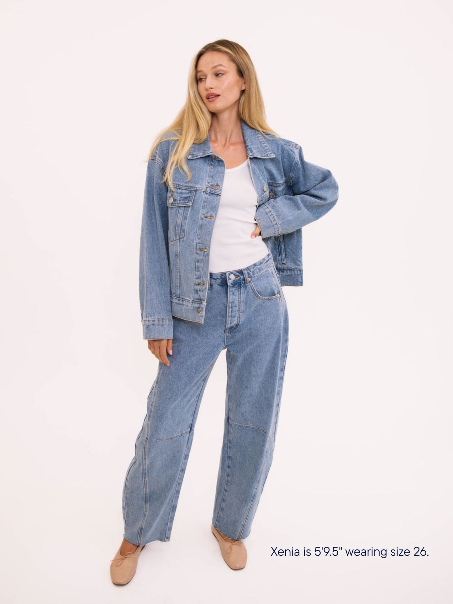 girl wearing parke x scl oversized horseshoe jean -vintage wash