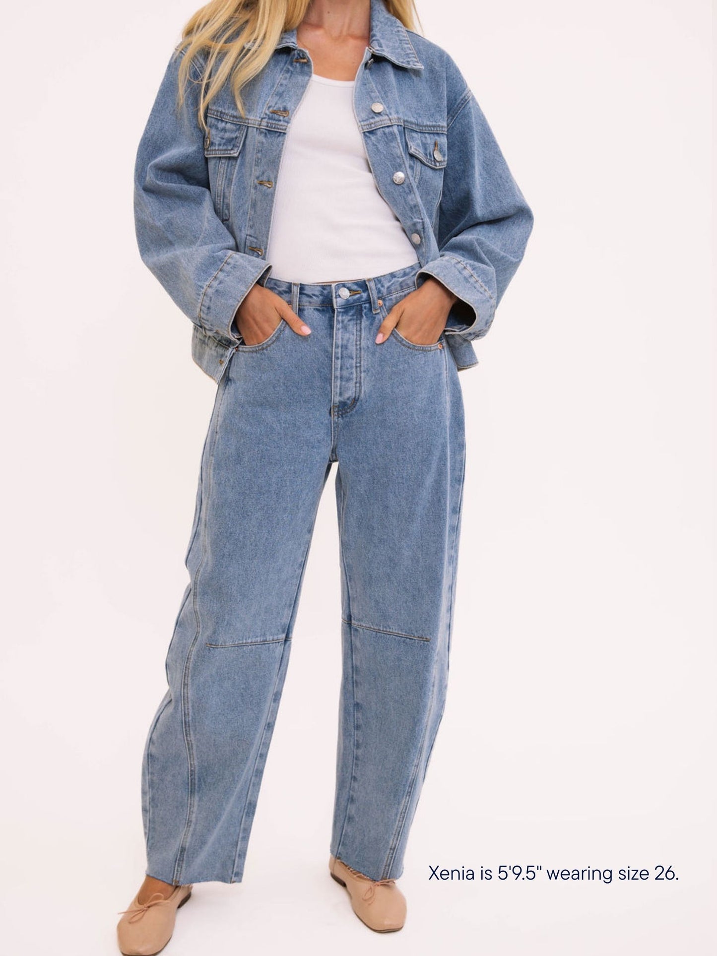 girl wearing parke x scl oversized horseshoe jean -vintage wash