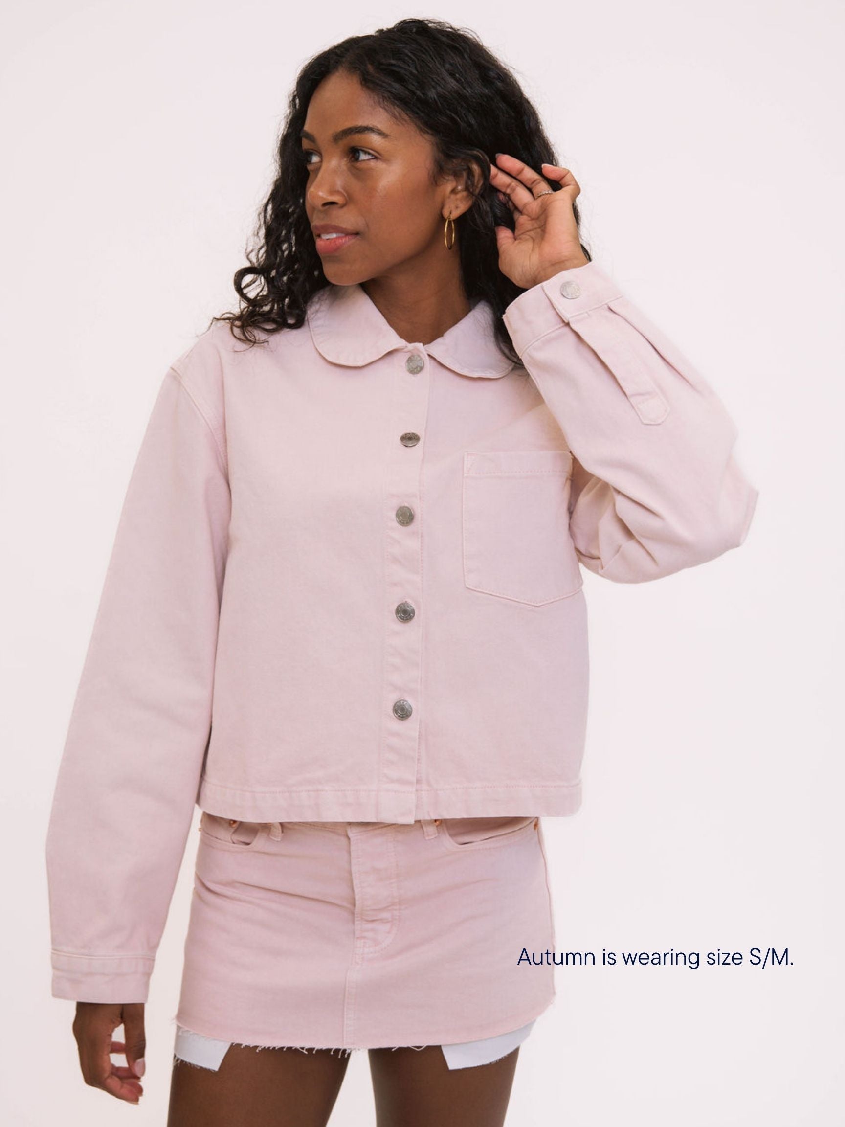 girl wearing parke x scl round collar denim cropped long sleeve -petal
