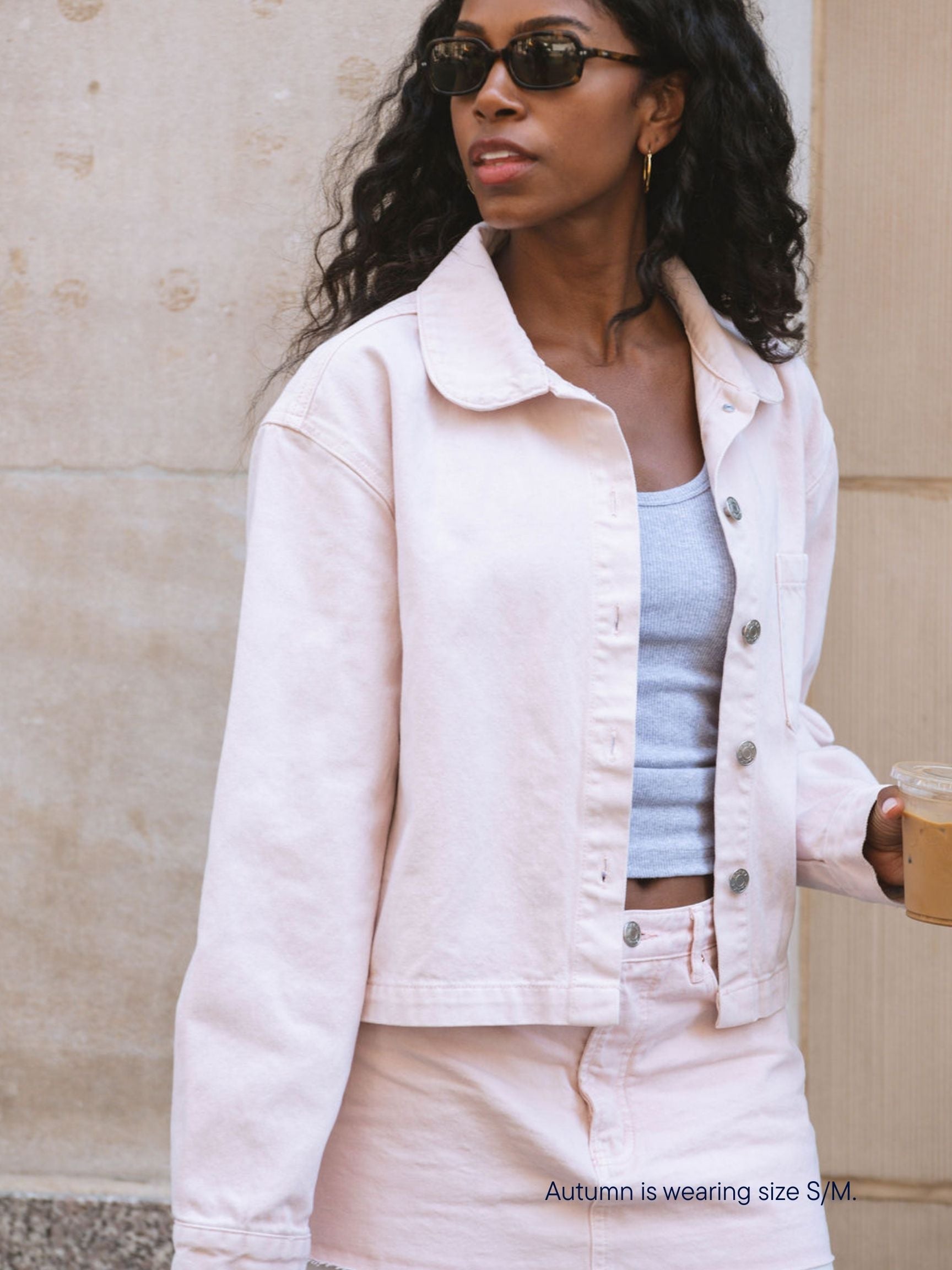 girl wearing parke x scl round collar denim cropped long sleeve -petal