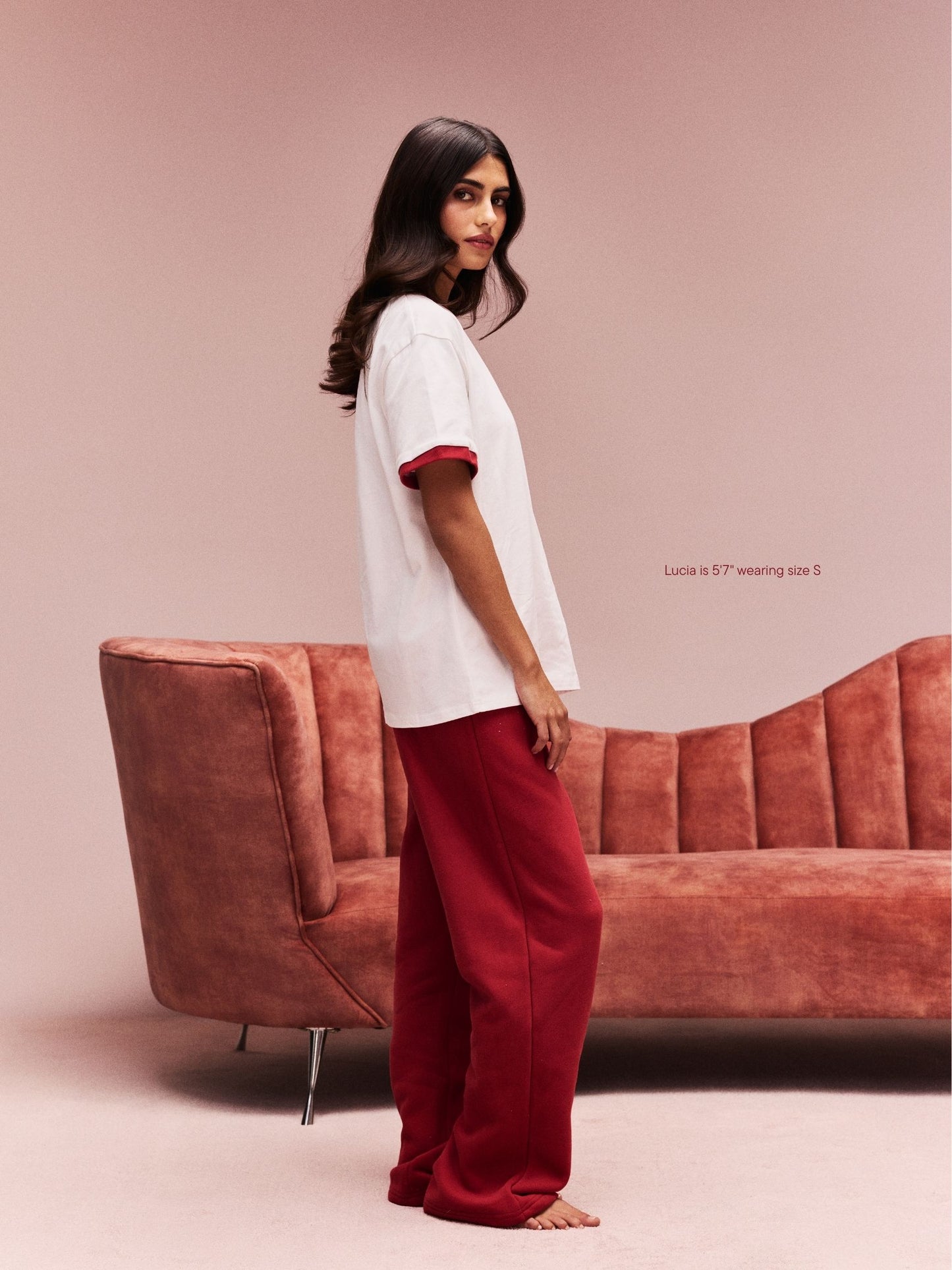 girl wearing Boxer Sweatpants -crimson