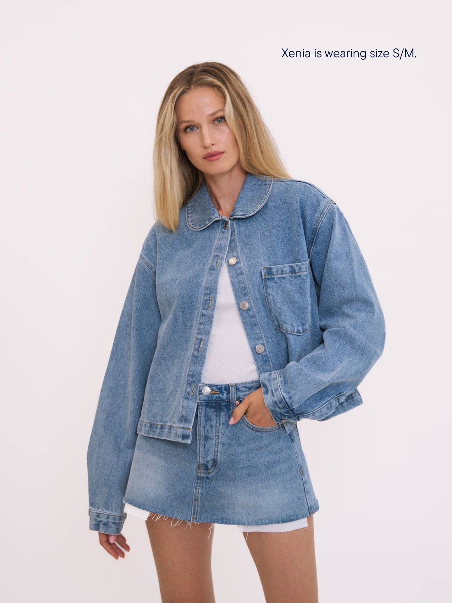 girl wearing parke x scl round collar denim cropped long sleeve -vintage wash