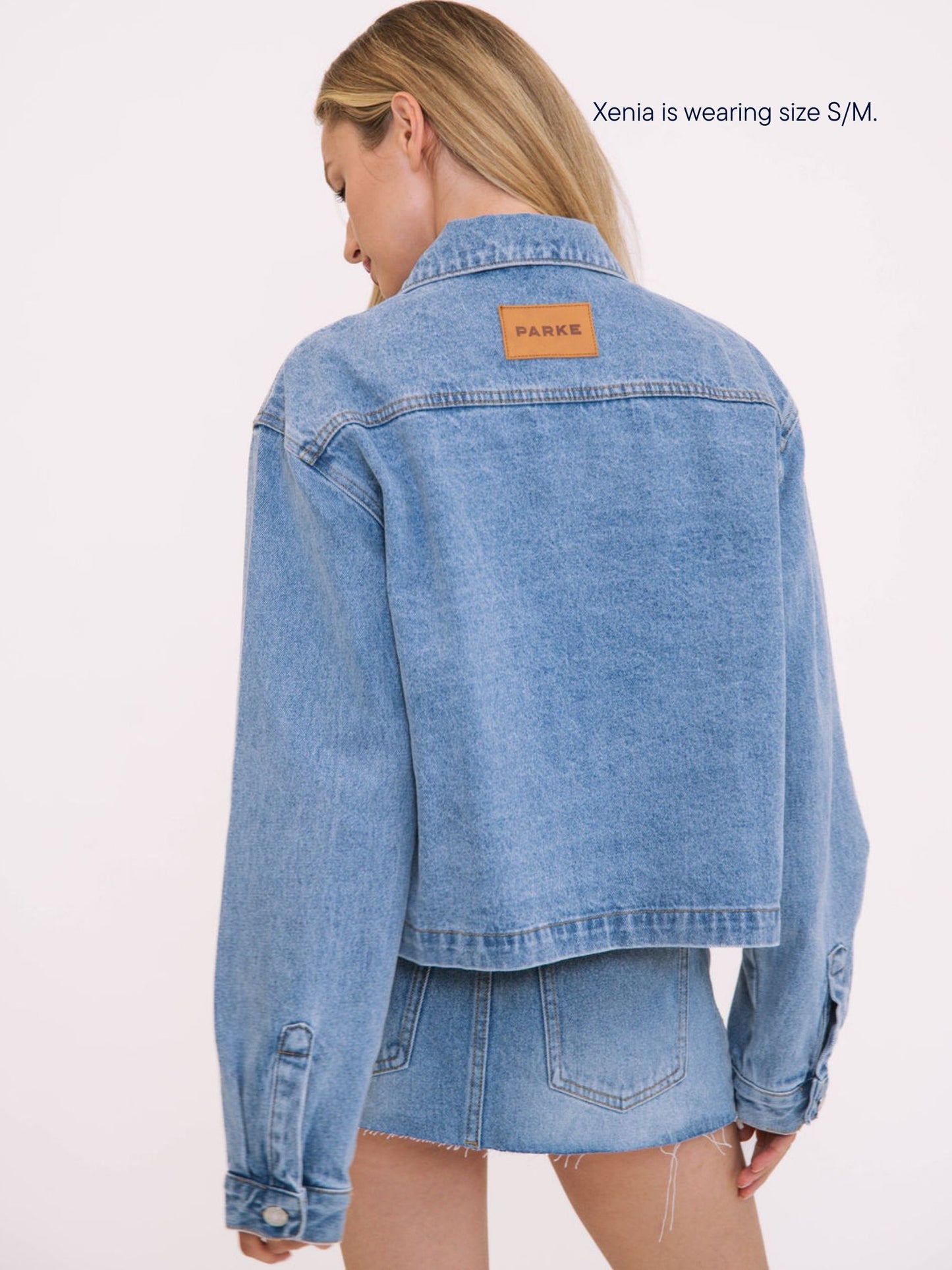girl wearing parke x scl round collar denim cropped long sleeve -vintage wash