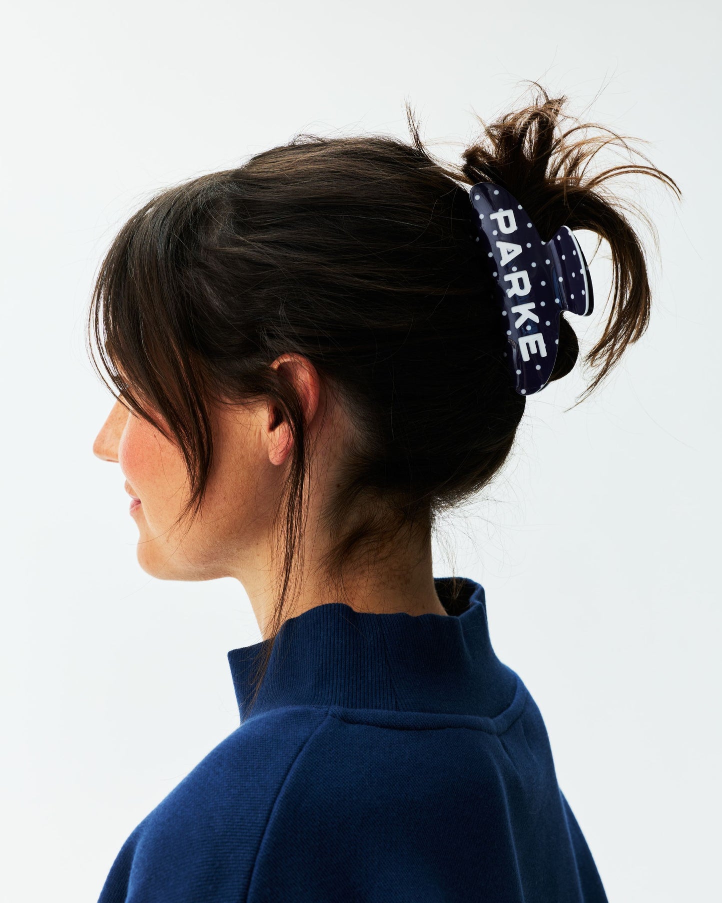 Claw Clip - Denim + White Polka Dot