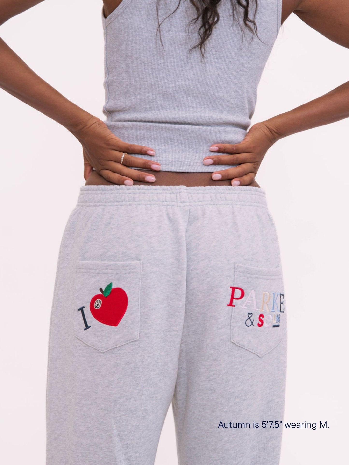 girl wearing parke x scl boxer sweatpant -heather grey