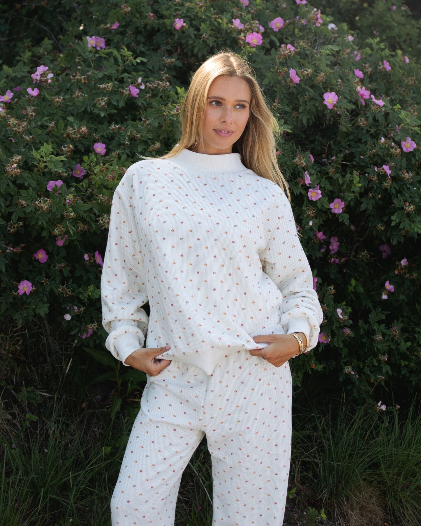 Waffle Mockneck Pullover - Sunset Floral