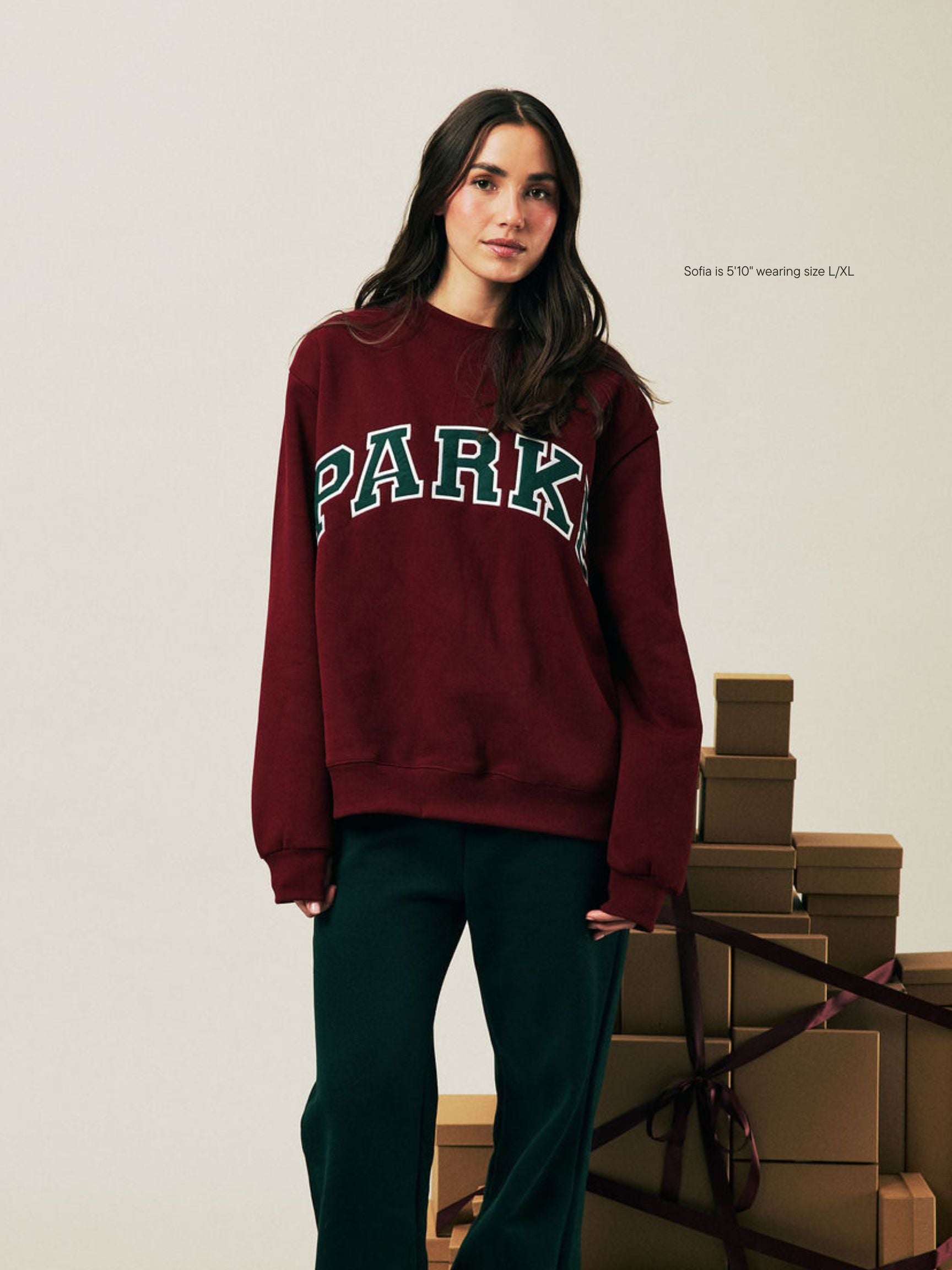 girl wearing Holiday Varsity Mockneck -maroon + forest