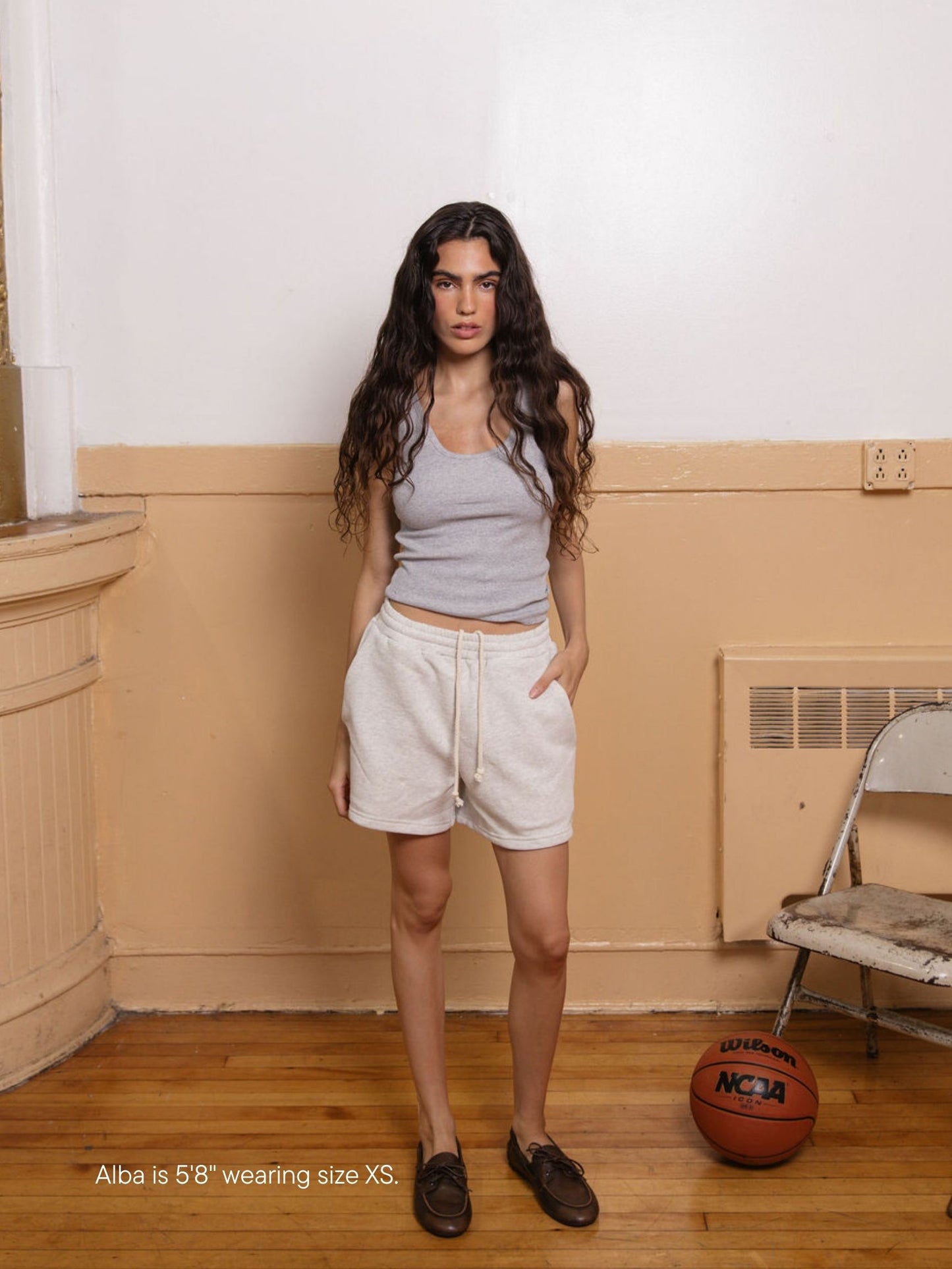 girl wearing lounge sweatshorts -heather grey