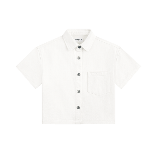 Cropped Short Sleeve Denim Shirt - White