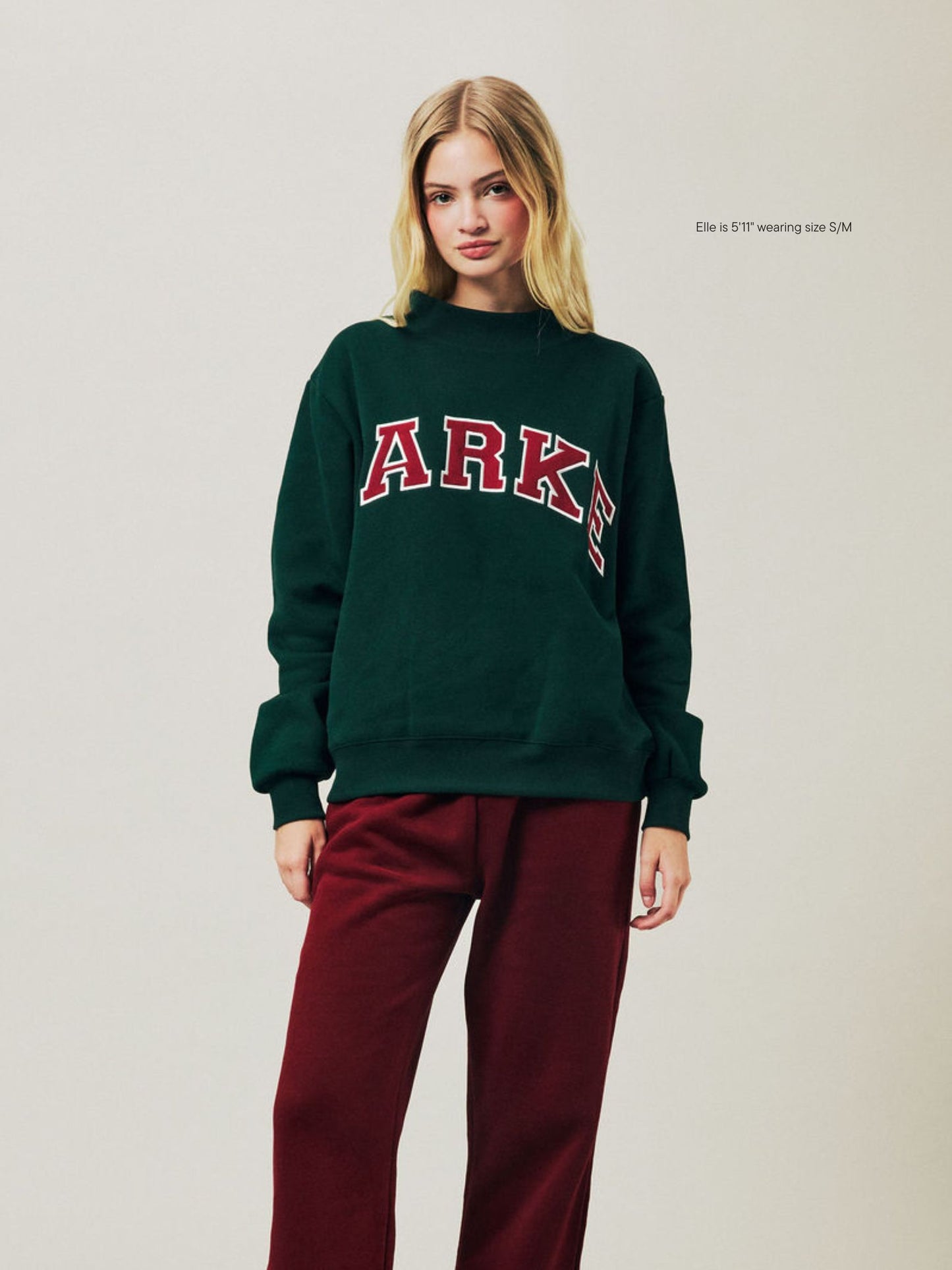 girl wearing Holiday Varsity Mockneck -forest + maroon 