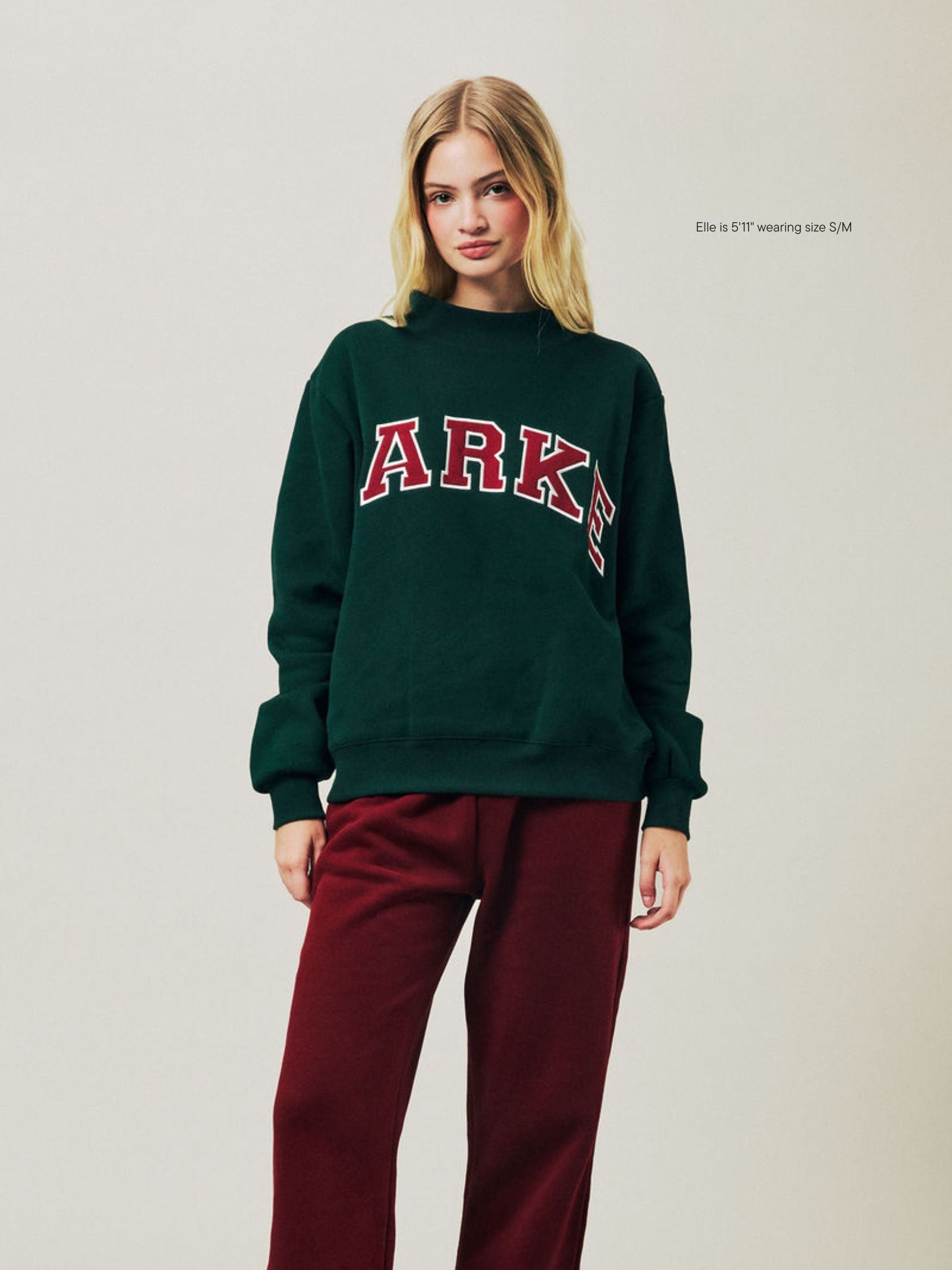 girl wearing Holiday Varsity Mockneck -forest + maroon 