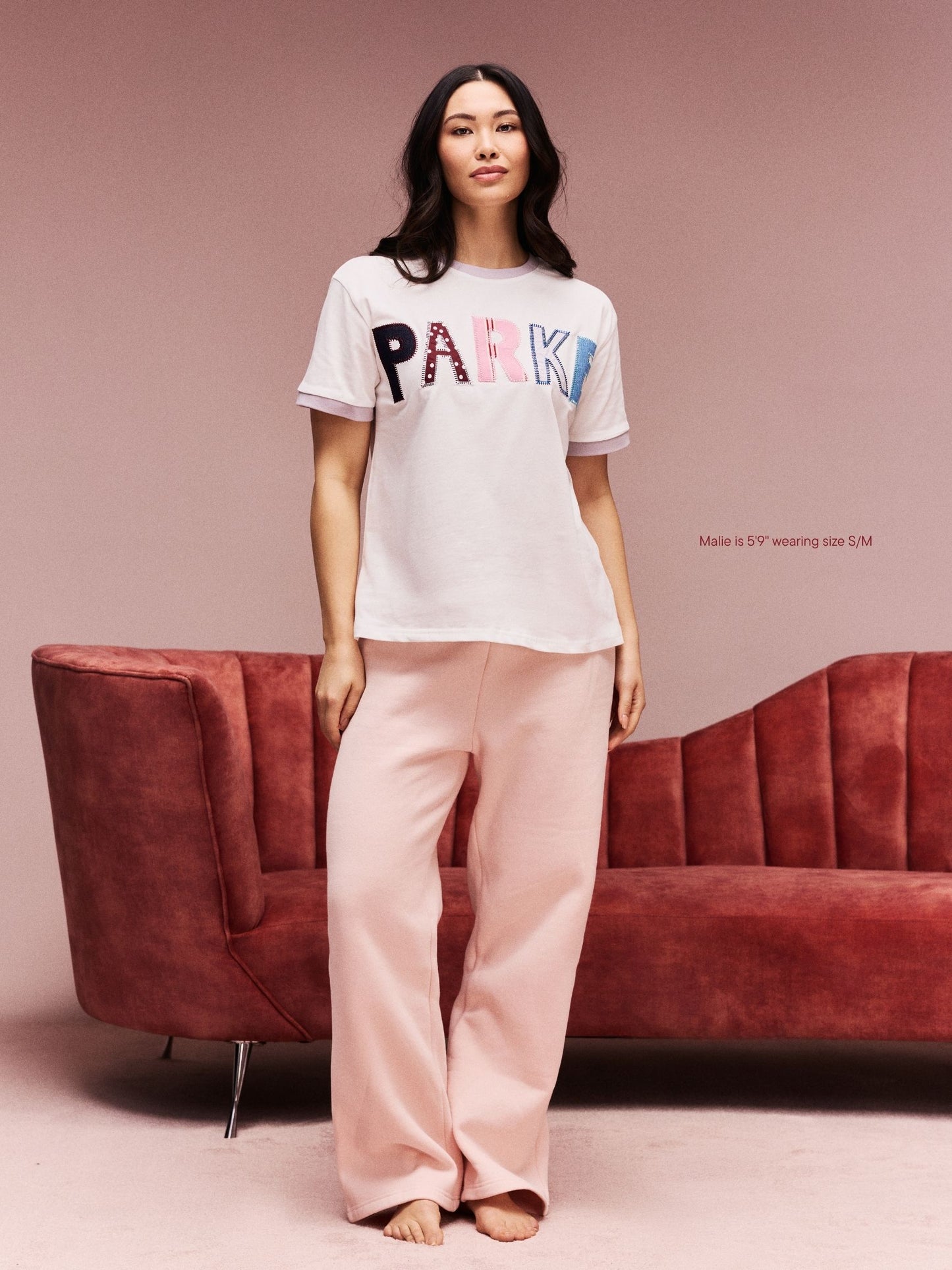 girl wearing Parke Patchwork T-Shirt -white