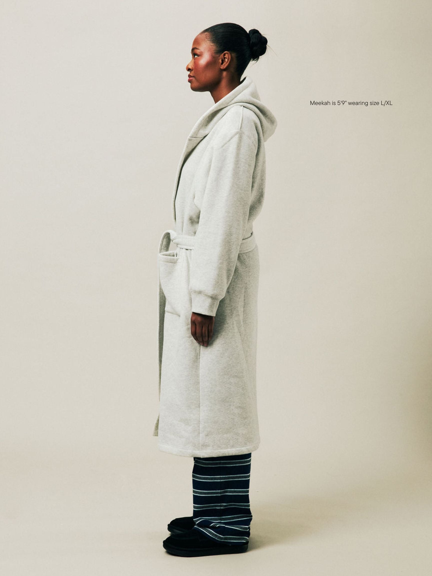 girl wearing Holiday Robe -classic grey