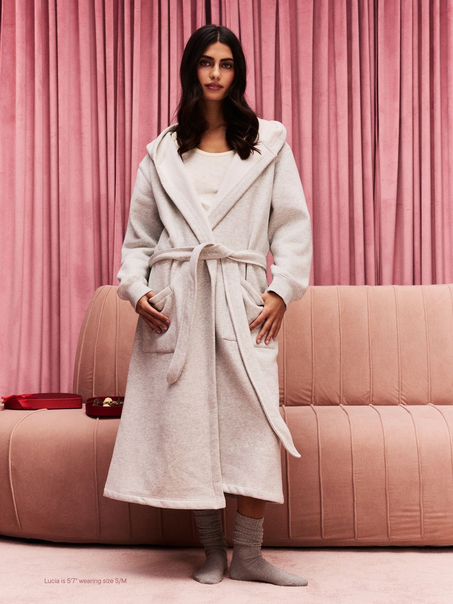 girl wearing Valentine's Day Robe -classic grey