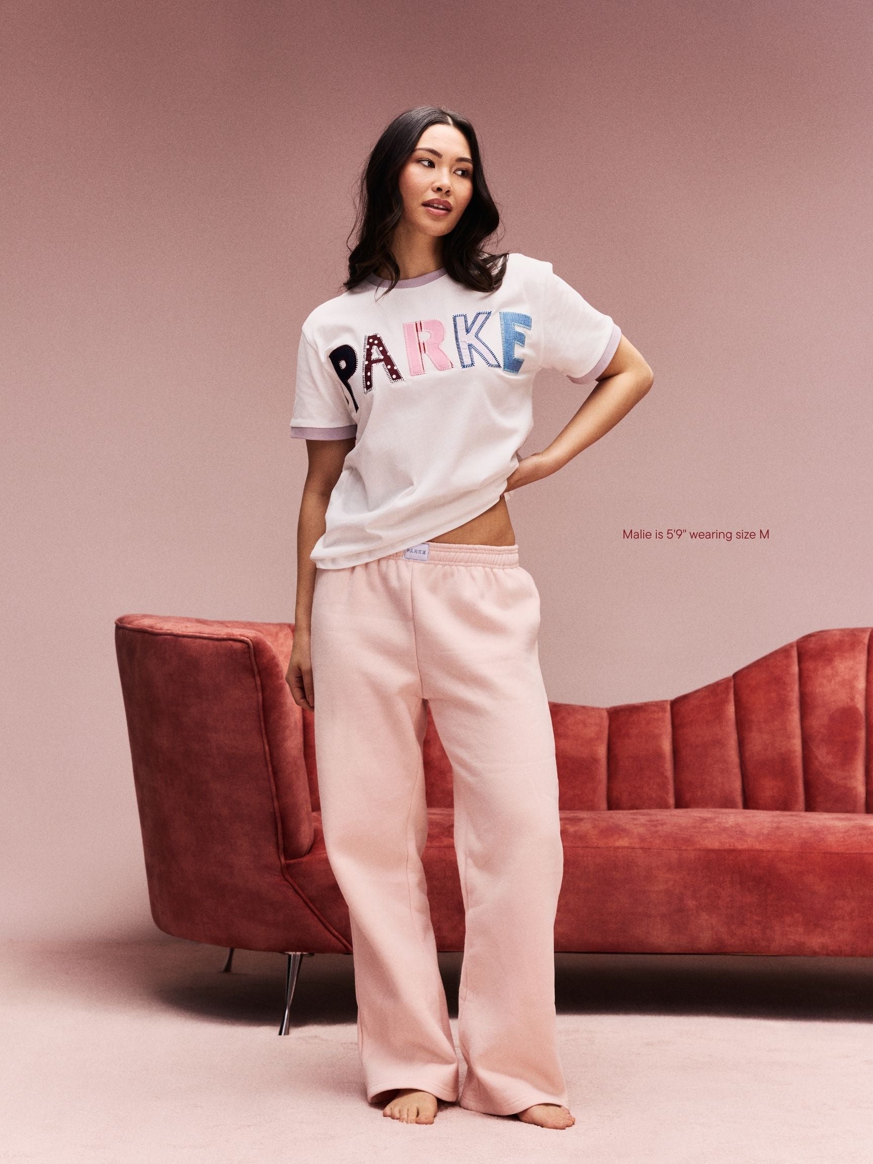 girl wearing Boxer Sweatpants -peony