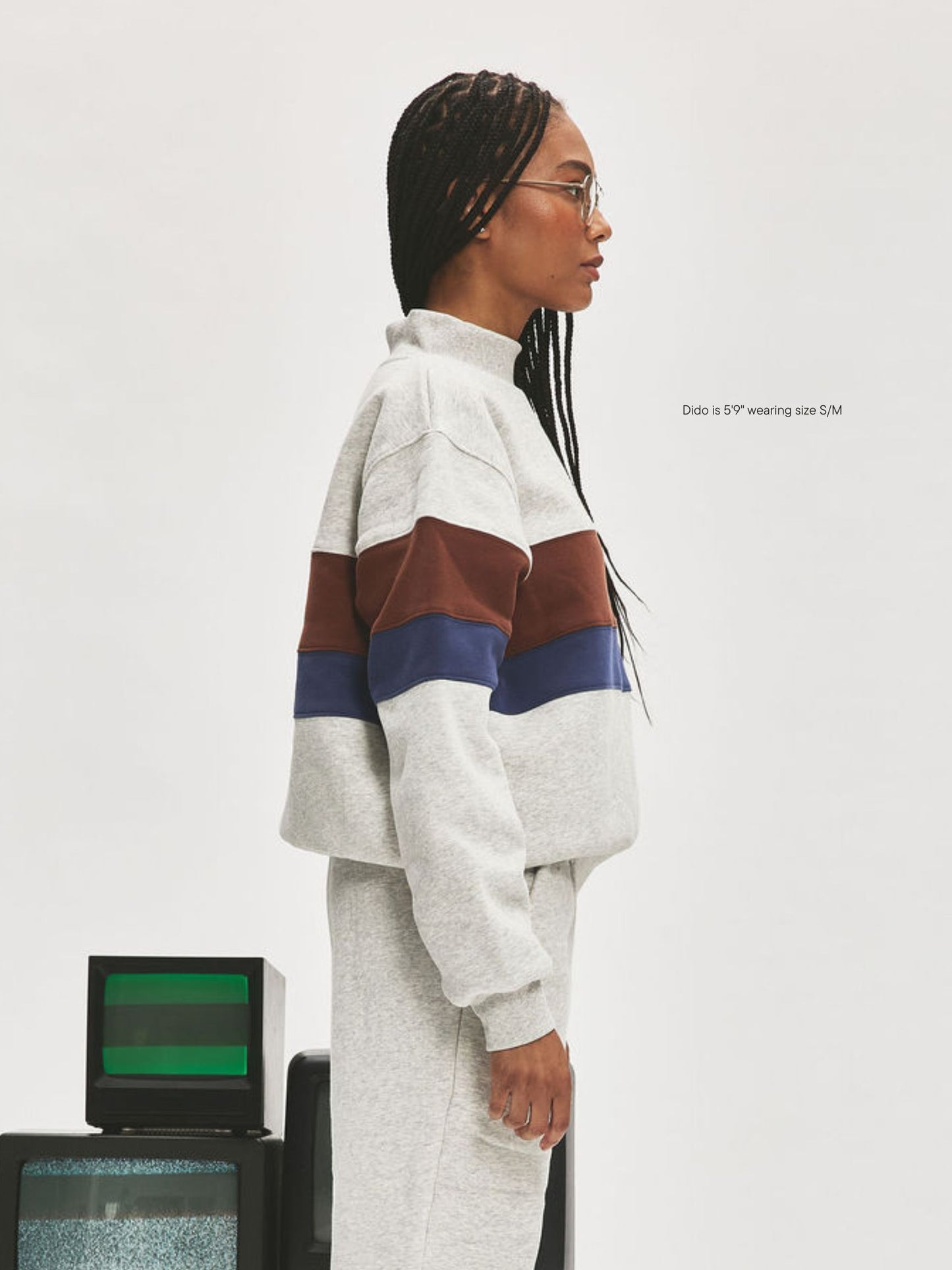 girl wearing Vintage Striped Mockneck With Nostalgia Patch -classic grey