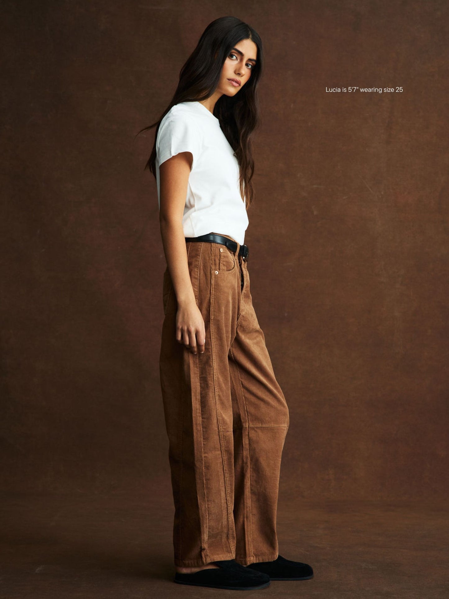 girl wearing Horseshoe Pants -caramel corduroy