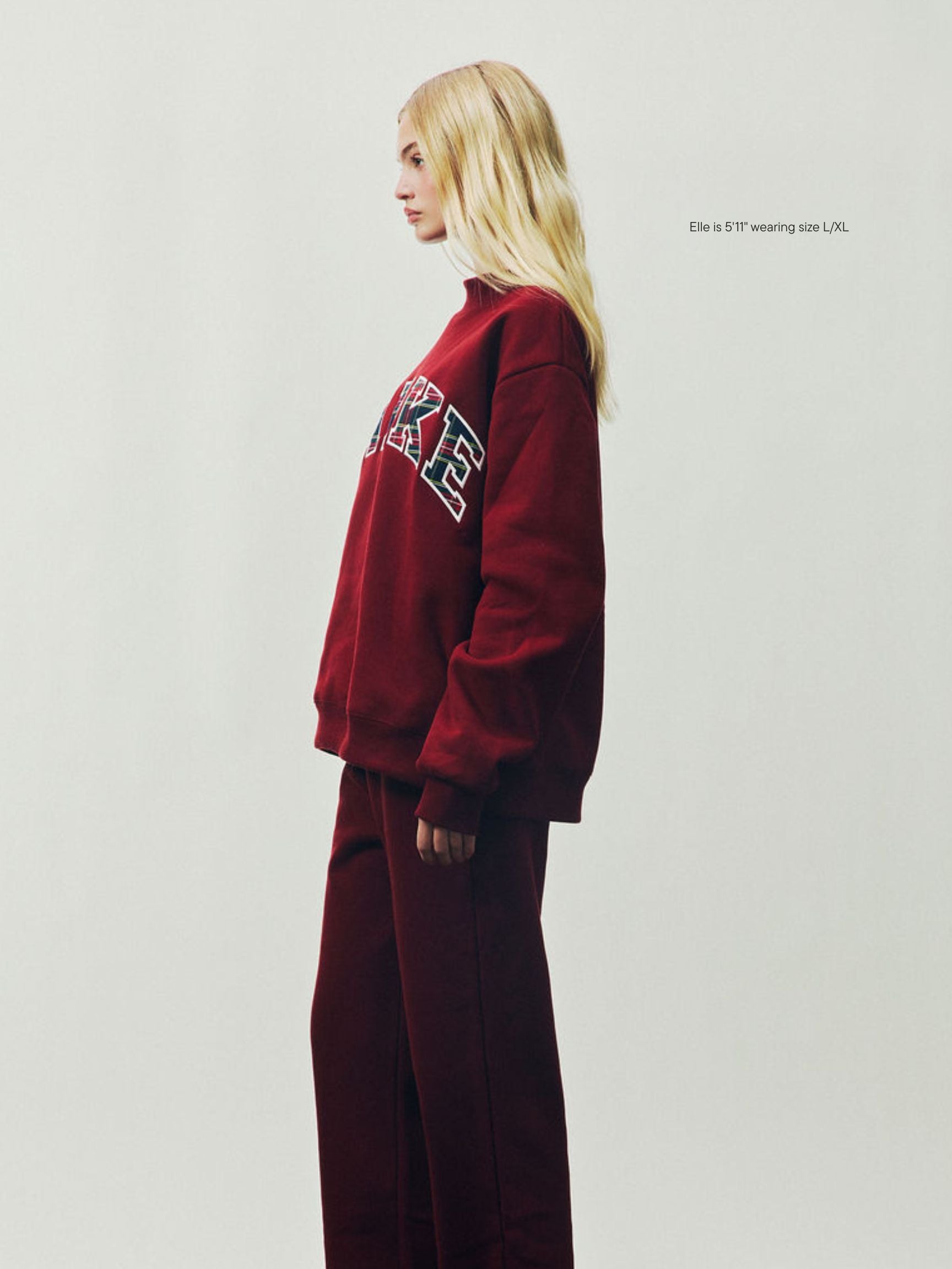 girl wearing Holiday Plaid Varsity Mockneck -maroon + plaid