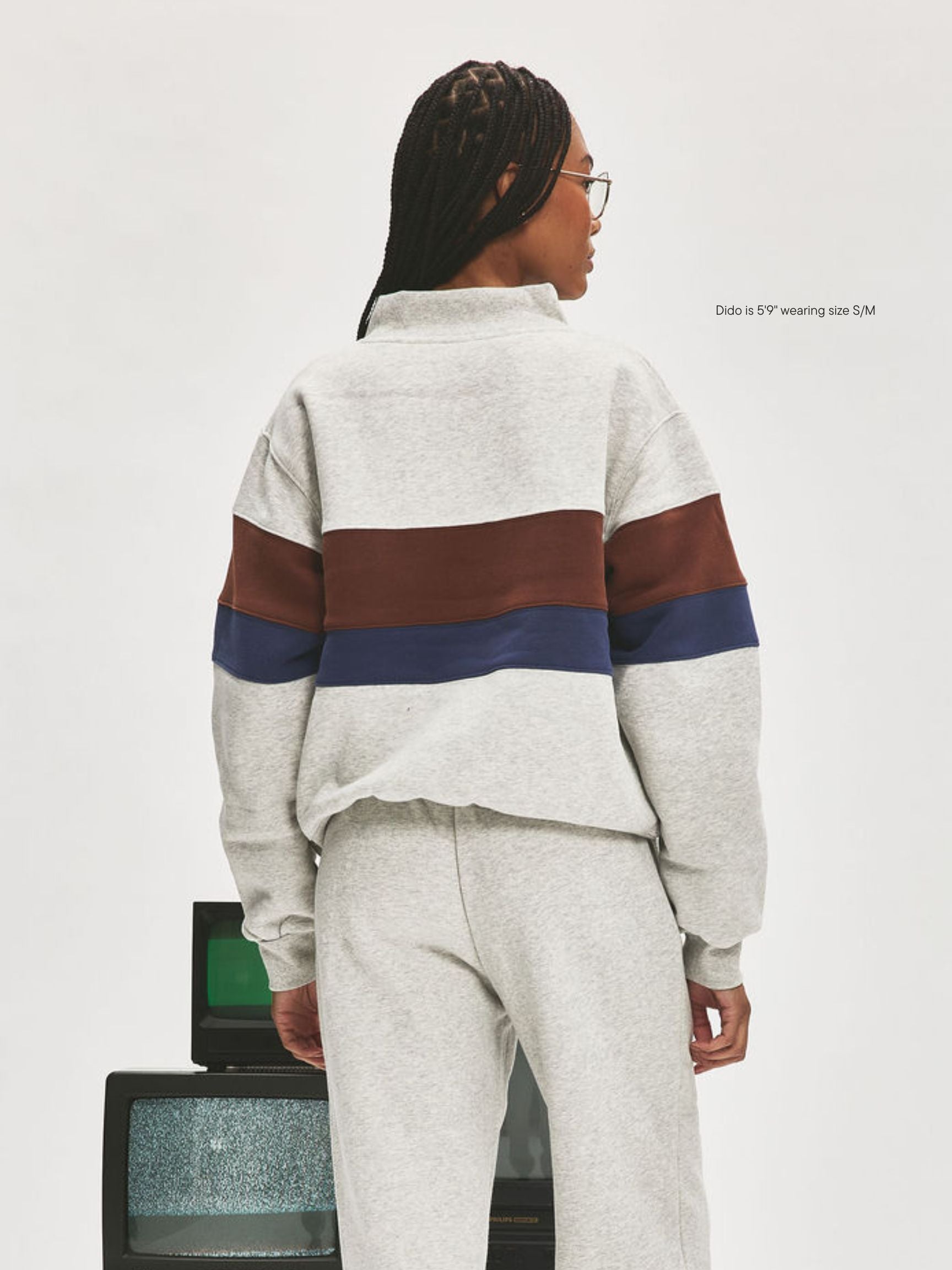 girl wearing Vintage Striped Mockneck With Nostalgia Patch -classic grey