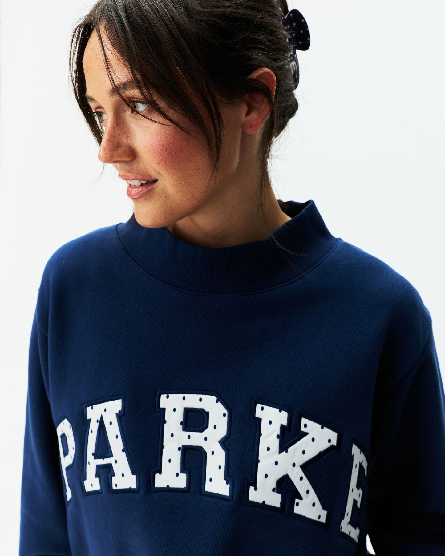 Preorder Polka Dot Letter Varsity Mockneck - Denim