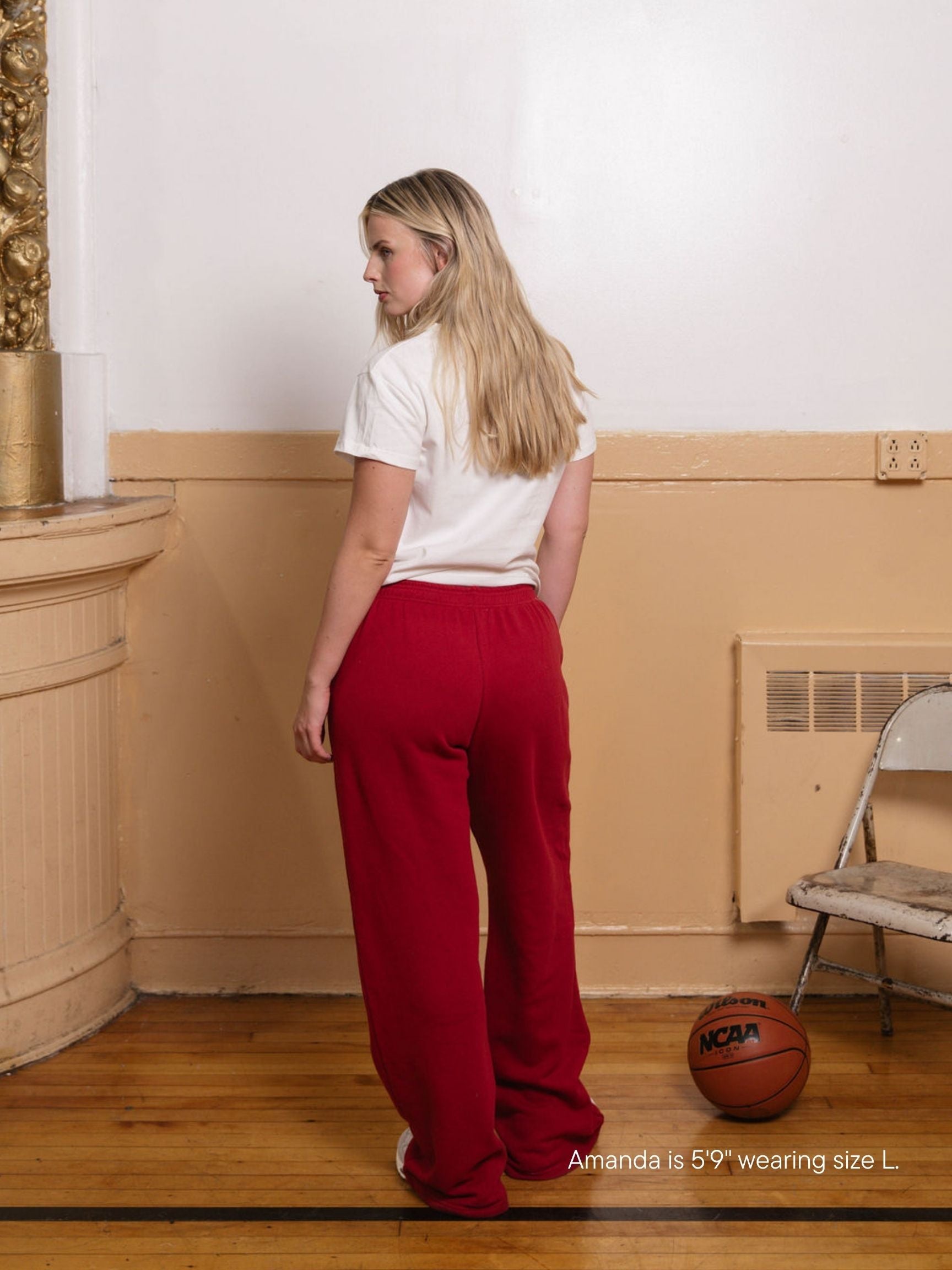 girl wearing boxer sweatpants -crimson