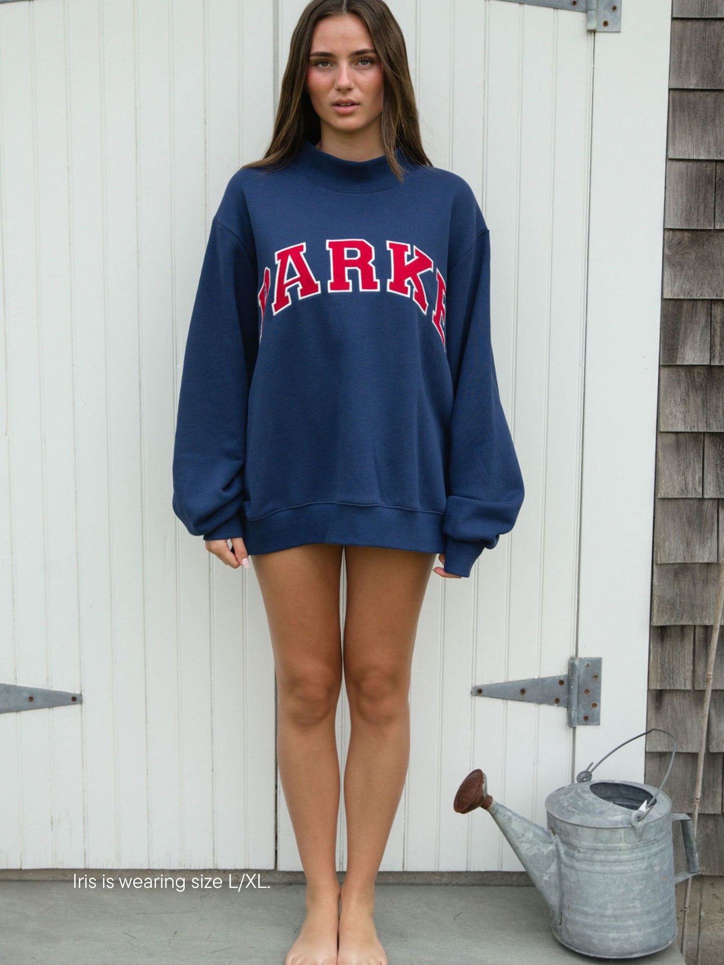 coastal varsity mockneck -denim + firecracker