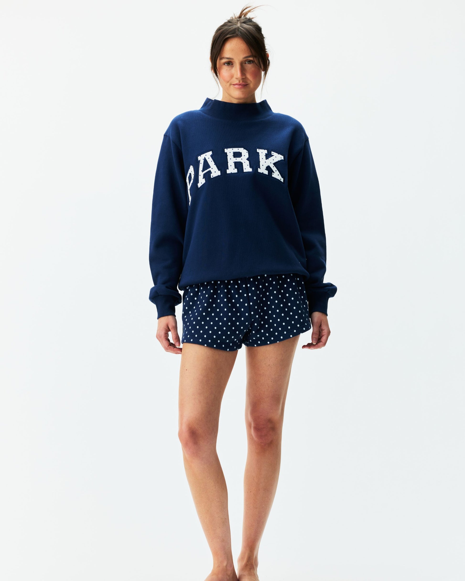 Preorder Polka Dot Letter Varsity Mockneck - Denim