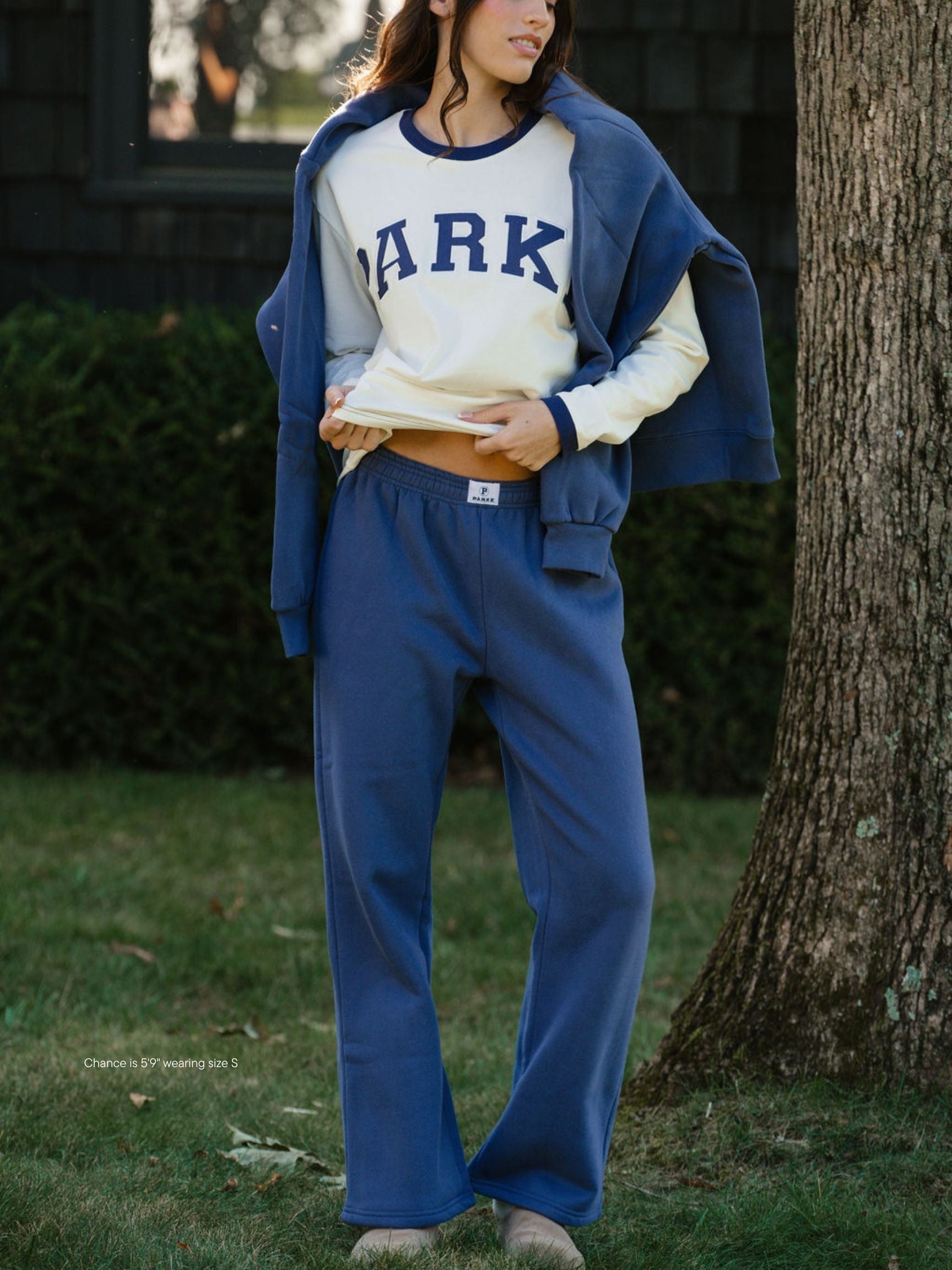 girl wearing boxer sweat pant -crown blue