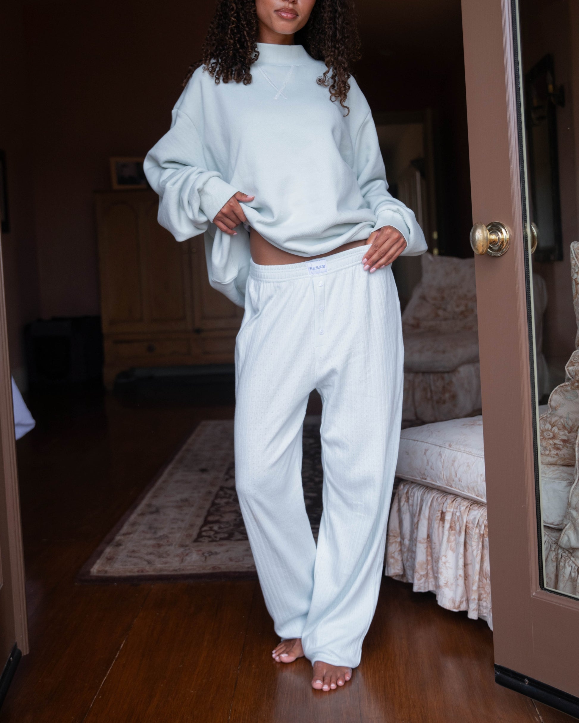 Pointelle Cotton Boxer Pants - Pale Blue