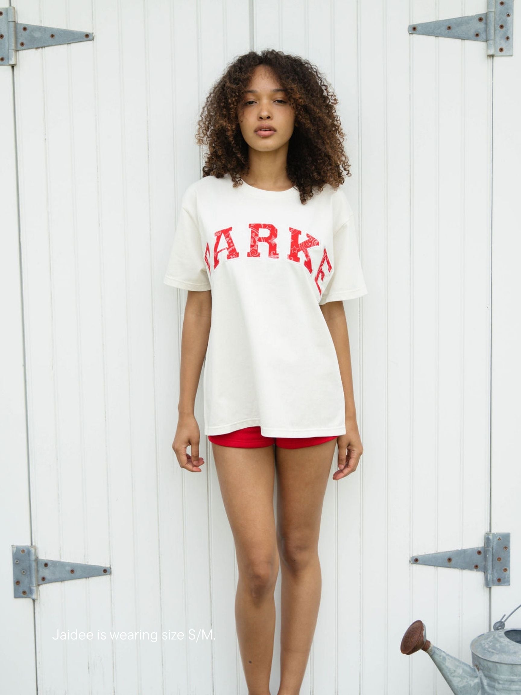 varsity tee -cream + red paisley
